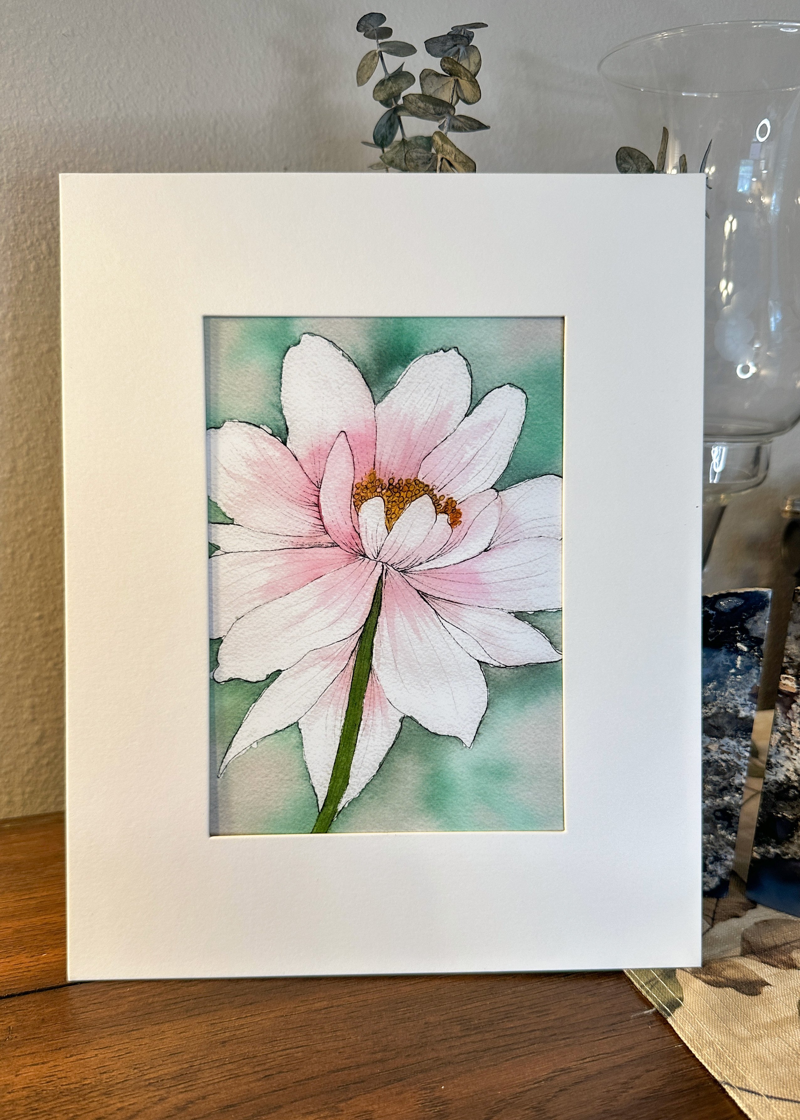 Pink Lily Watercolor Print - Soft Botanical Flower Art with Green Background