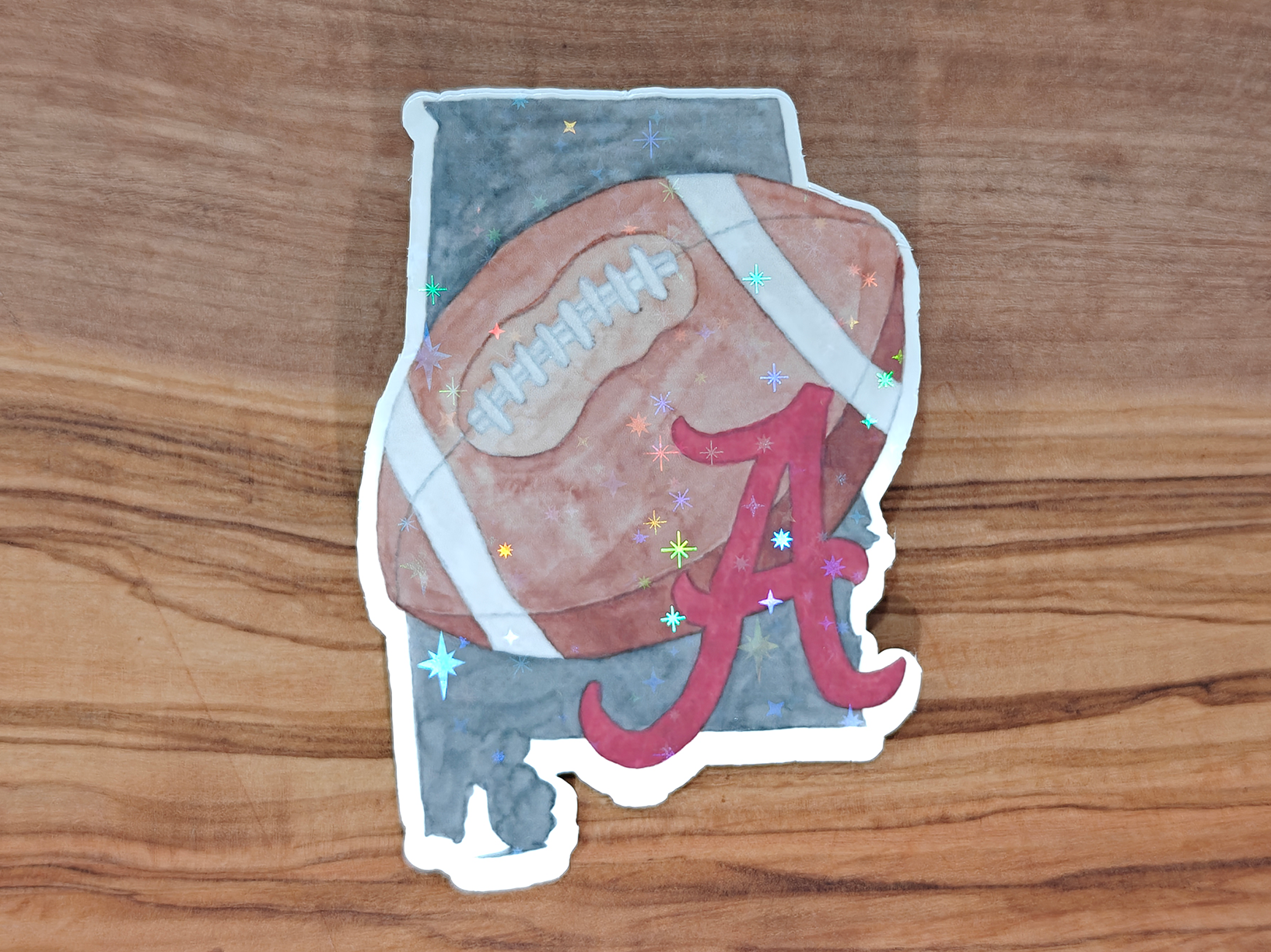 Alabama Football Sticker | Crimson Tide A with Football and State Silhouette | 2", 2.5", or 3" Vinyl Waterproof Sticker
