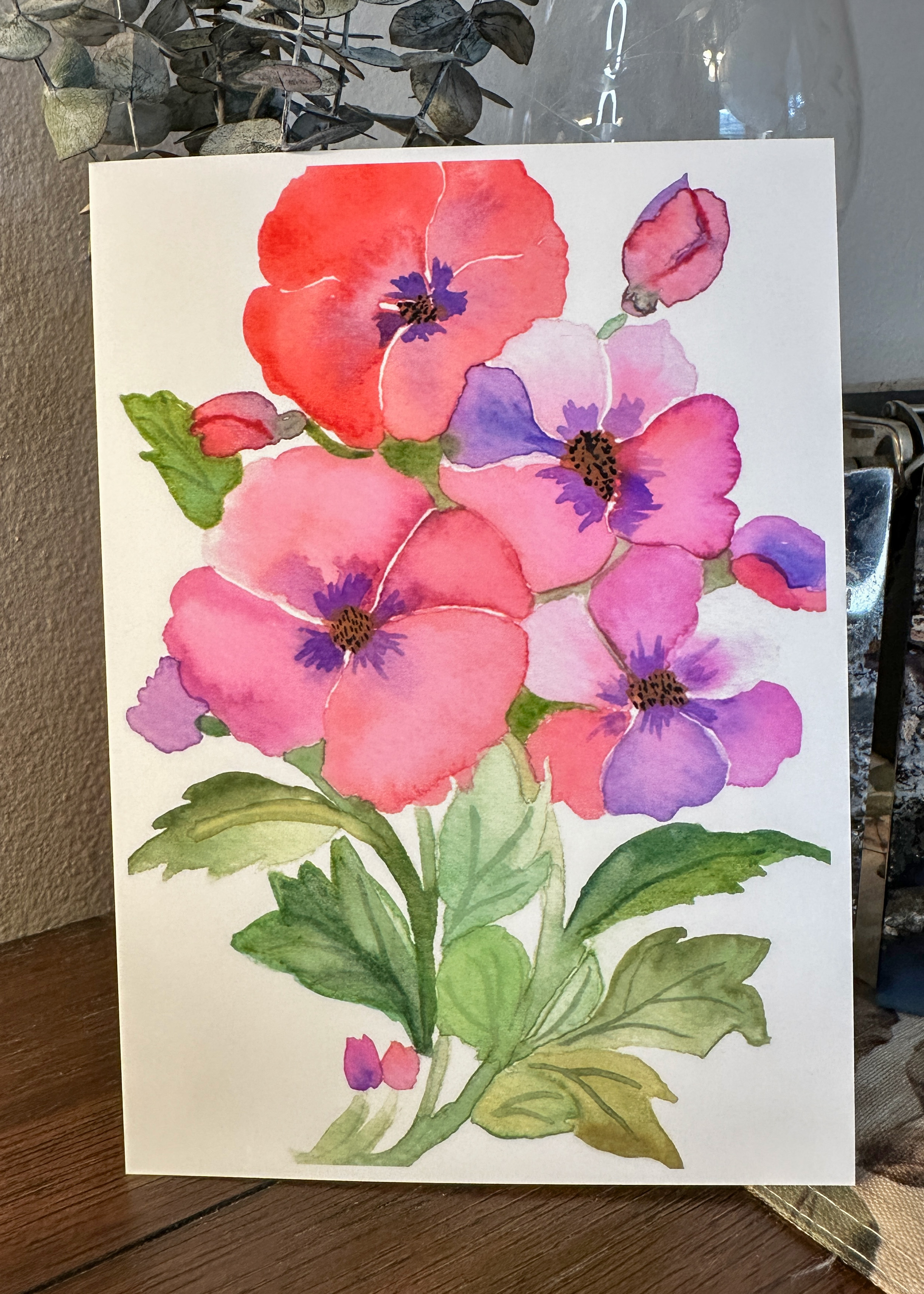 Bold Watercolor Floral Print - Red and Purple Wildflowers with Green Leaves