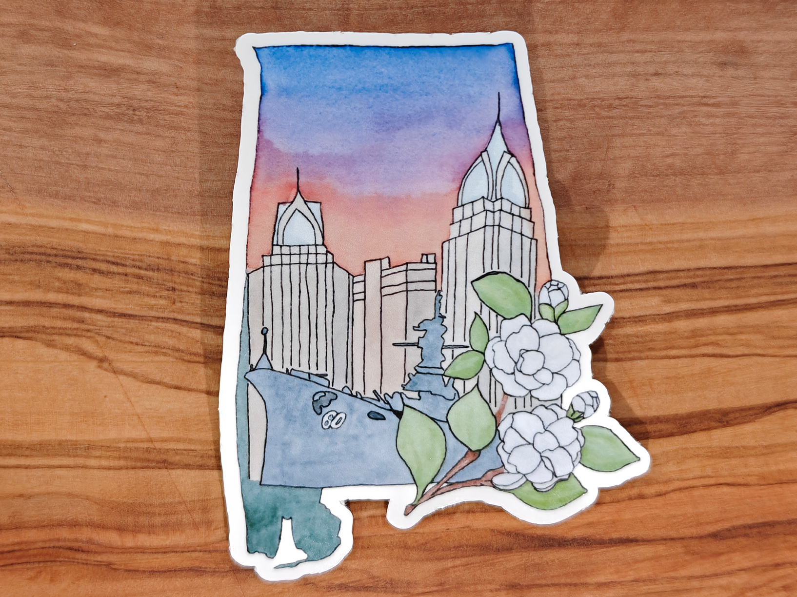 Alabama Cityscape Sticker | Mobile AL Skyline with USS Alabama and Camellia | 2", 2.5", or 3" Vinyl Waterproof State Art