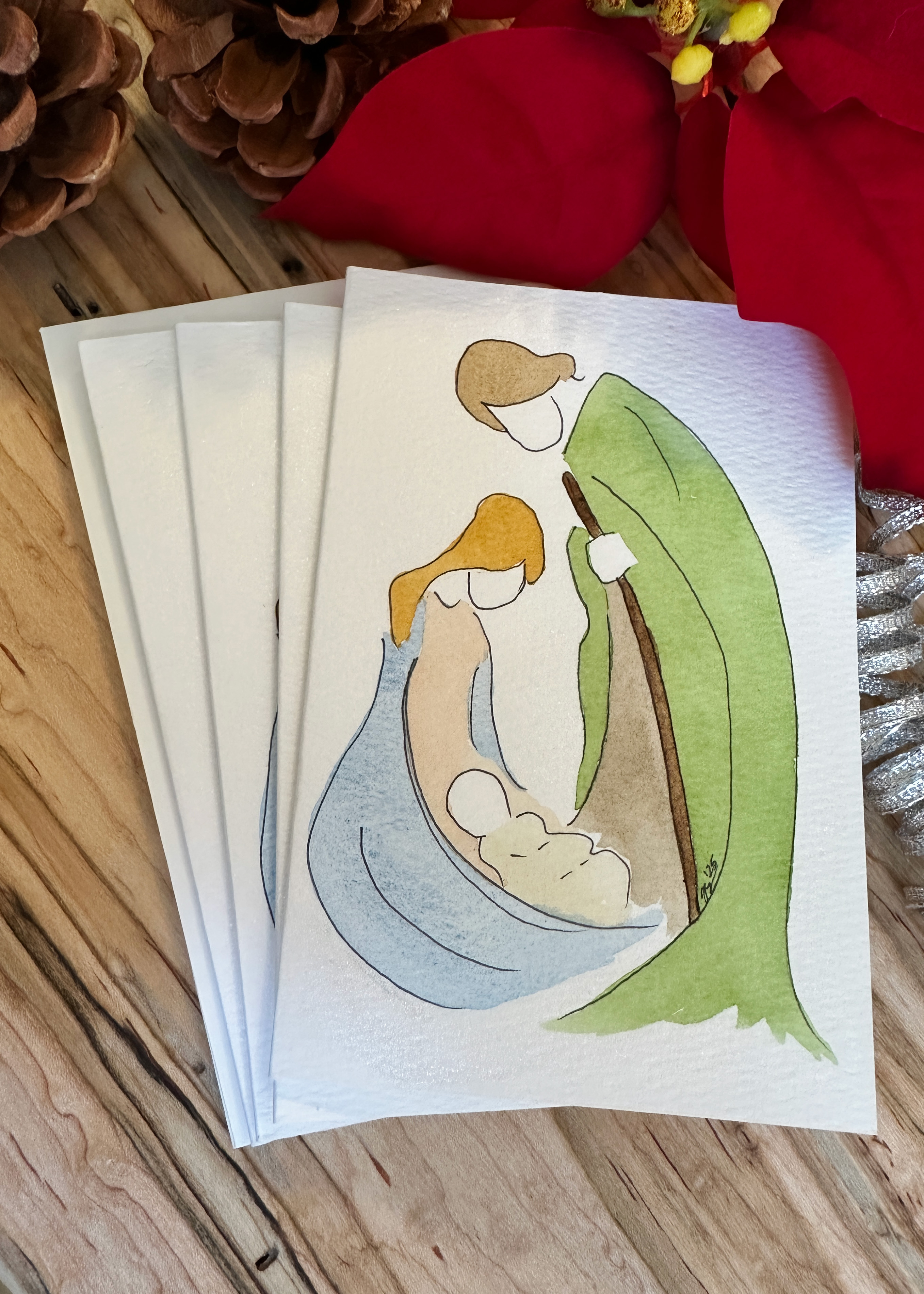 Hand-Painted Christmas Card Set - Watercolor Nativity Scene with Mary, Joseph, and Baby Jesus, Set of 4 Originals with Envelopes