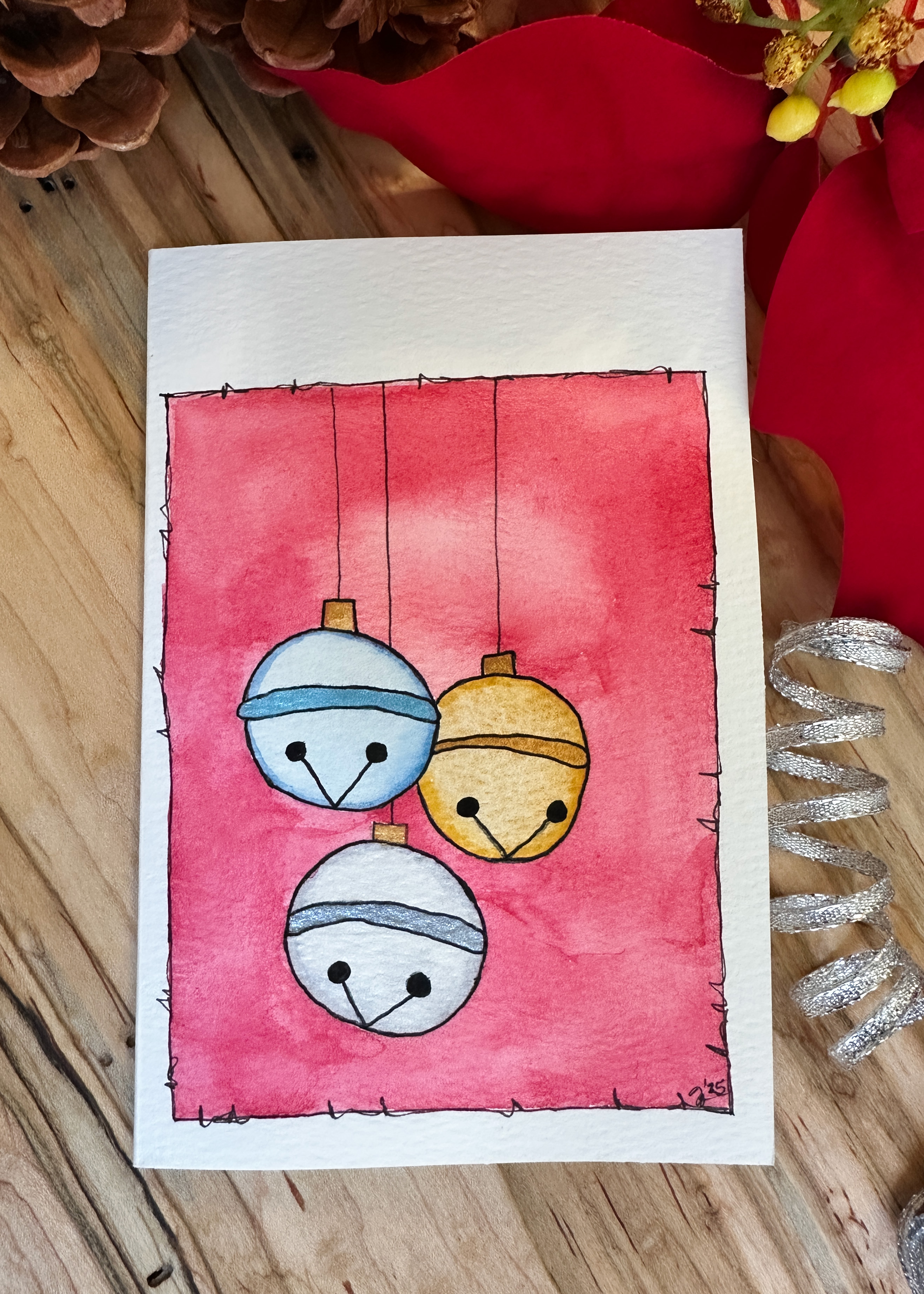 Hand-Painted Christmas Card Set - Watercolor Jingle Bells Design, Set of 4 Originals with Envelopes