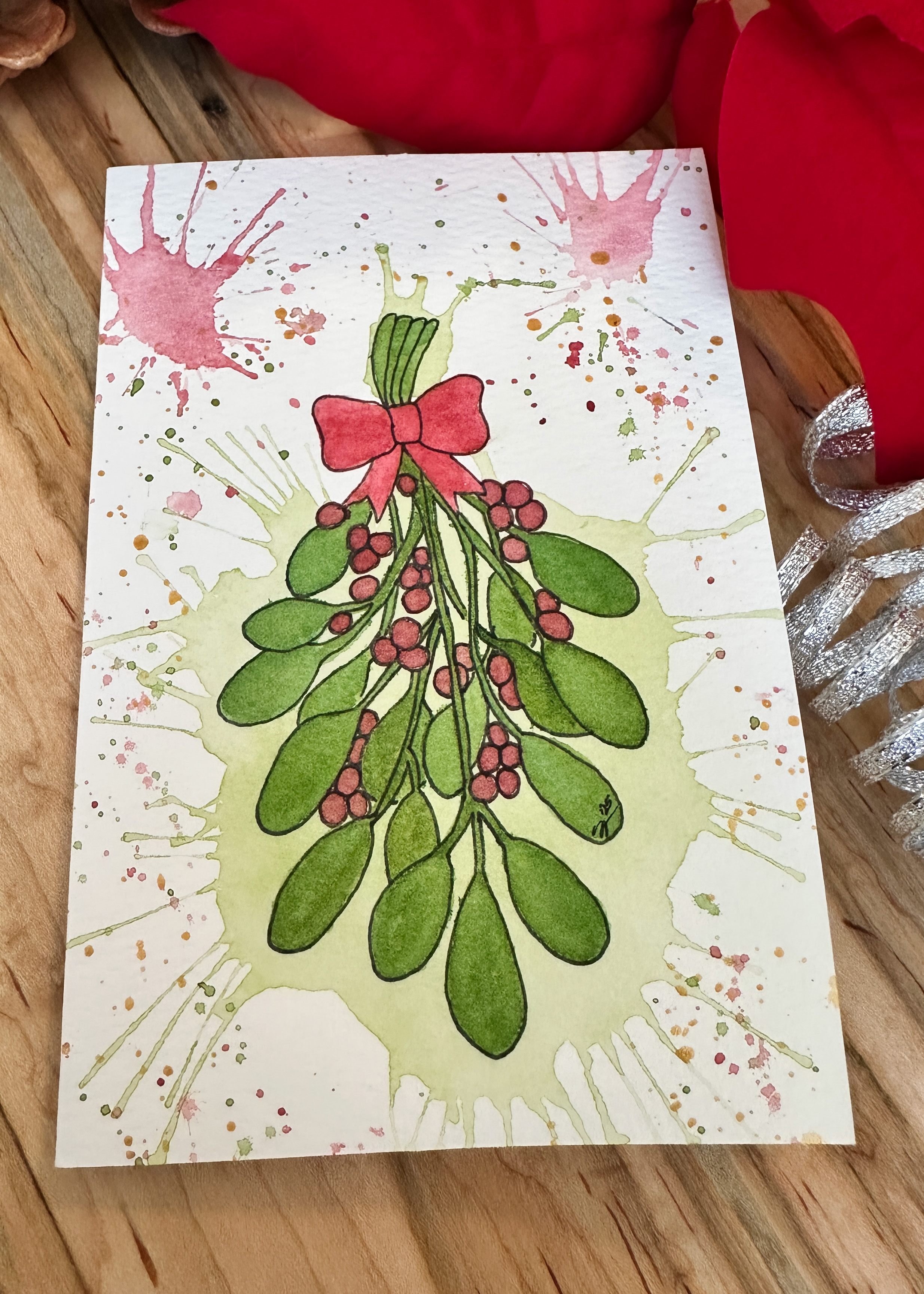 Hand-Painted Christmas Card Set - Watercolor Mistletoe with Festive Splatter Background, Set of 4 Originals with Envelopes