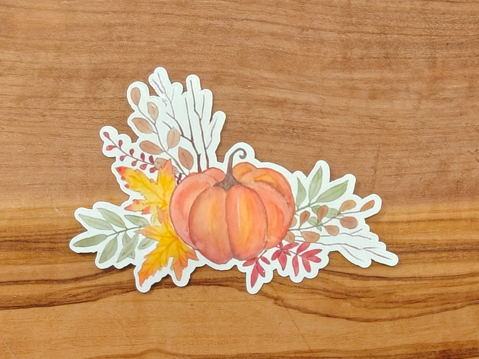 Pumpkin Floral Sticker | Watercolor Pumpkin with Autumn Leaves and Branches | 2", 2.5", or 3" Vinyl Waterproof Sticker
