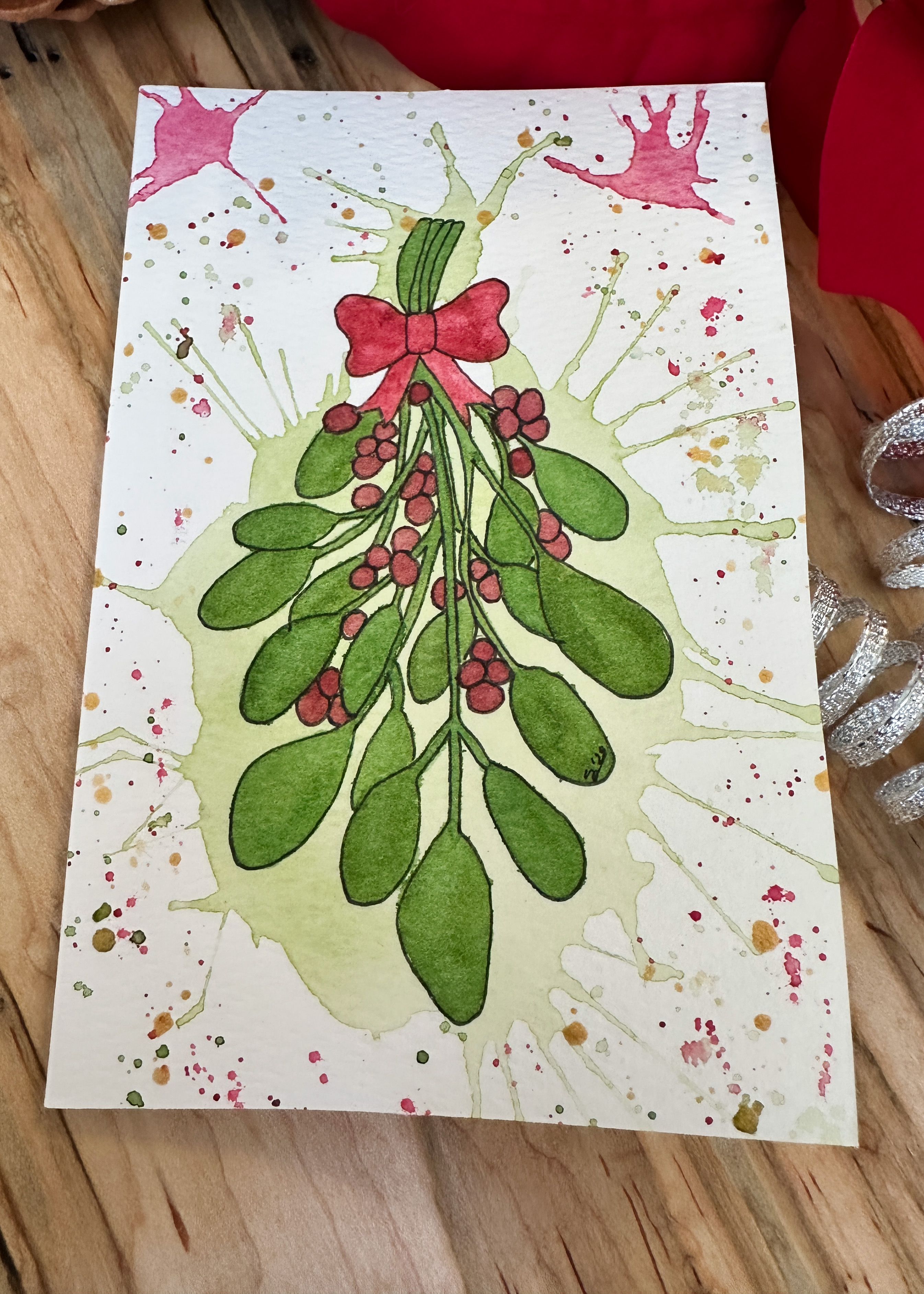 Hand-Painted Christmas Card Set - Watercolor Mistletoe with Festive Splatter Background, Set of 4 Originals with Envelopes