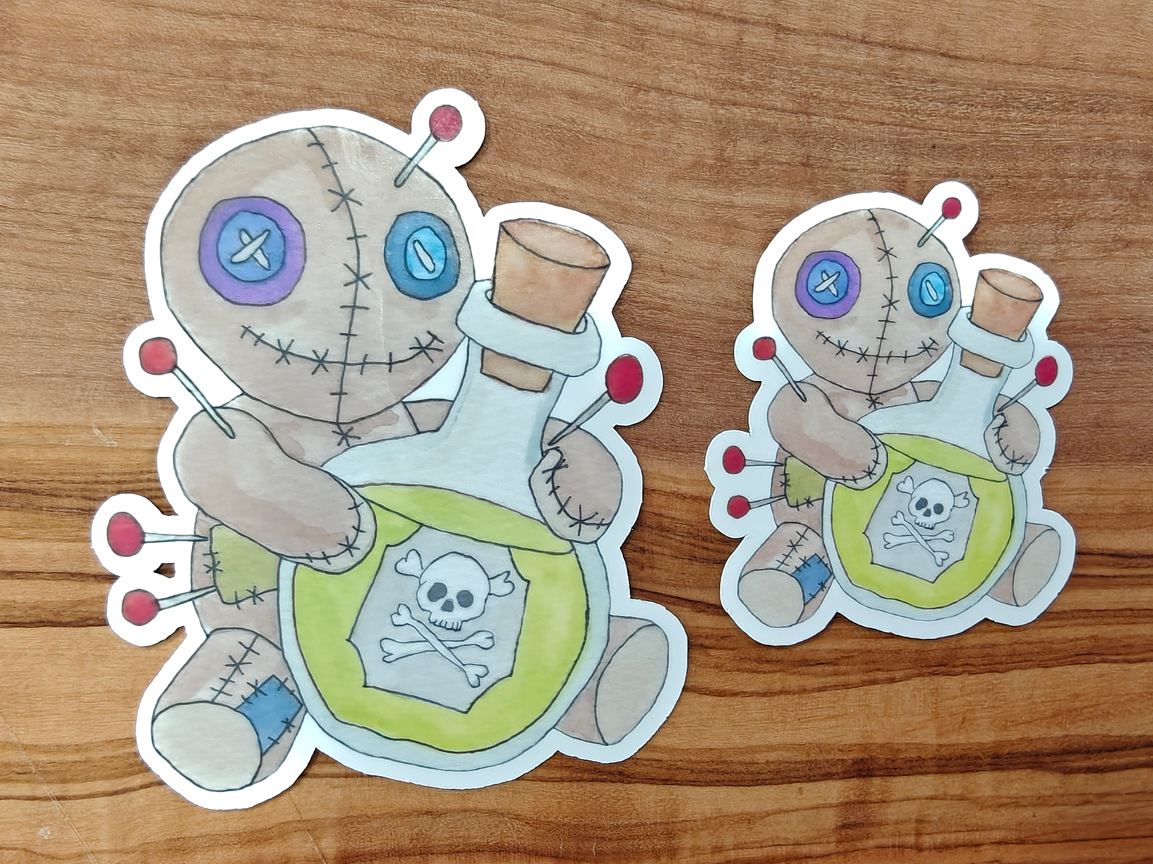 Voodoo Doll Sticker with Poison Bottle | Creepy Cute Watercolor Sitting Doll Hugging Green Potion | 2", 2.5", or 3" Vinyl Waterproof Sticker