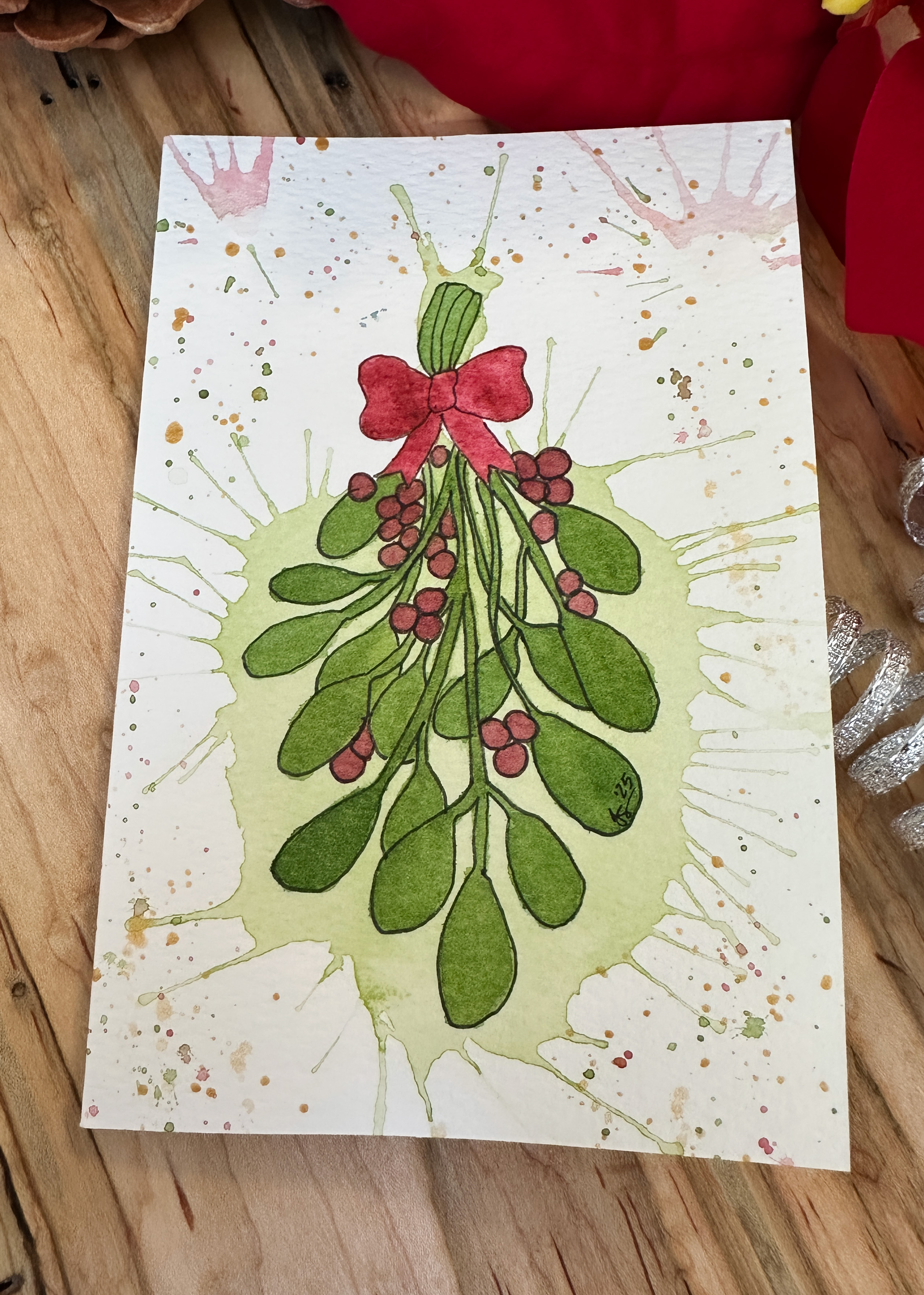 Hand-Painted Christmas Card Set - Watercolor Mistletoe with Festive Splatter Background, Set of 4 Originals with Envelopes