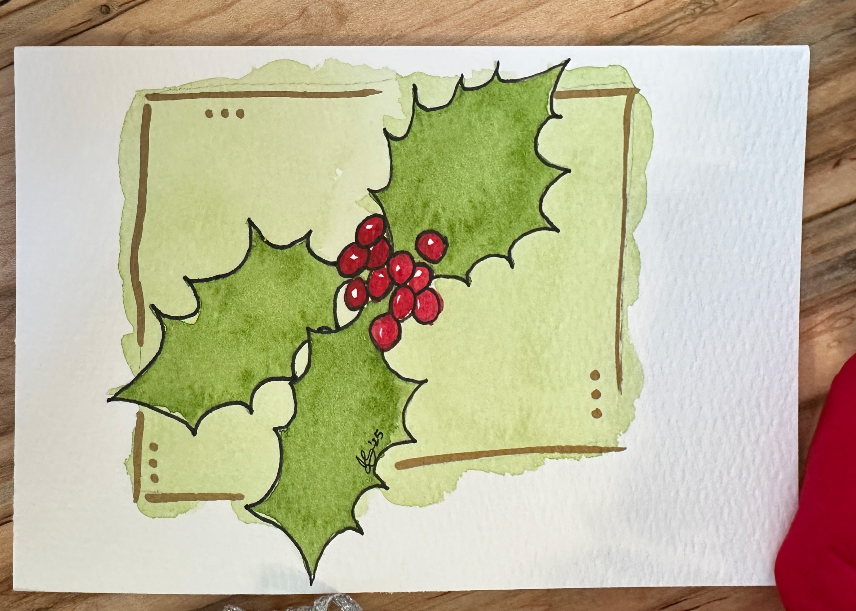 Hand-Painted Christmas Card Set - Watercolor Holly and Berries Design, Set of 4 Originals with Envelopes