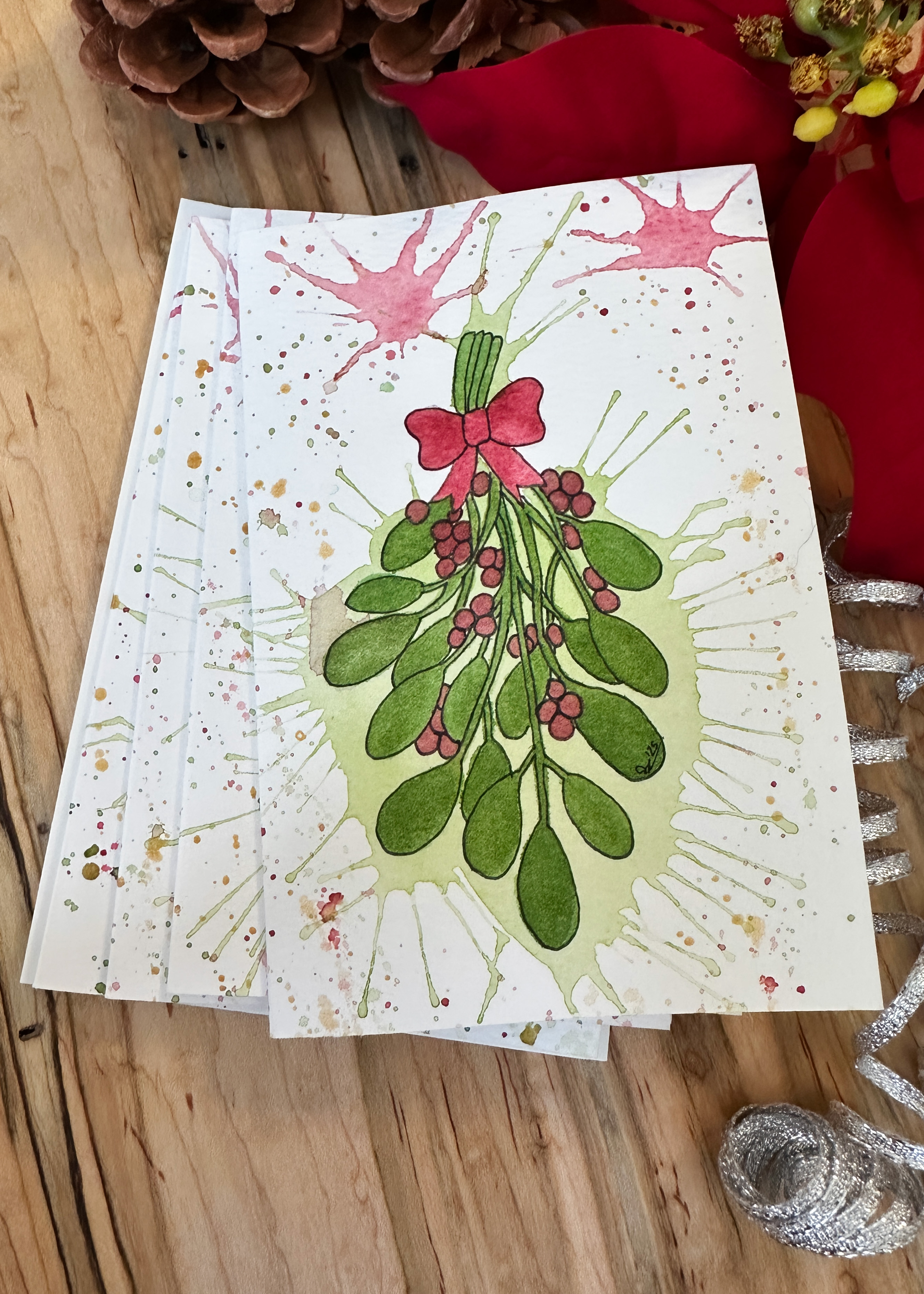 Hand-Painted Christmas Card Set - Watercolor Mistletoe with Festive Splatter Background, Set of 4 Originals with Envelopes
