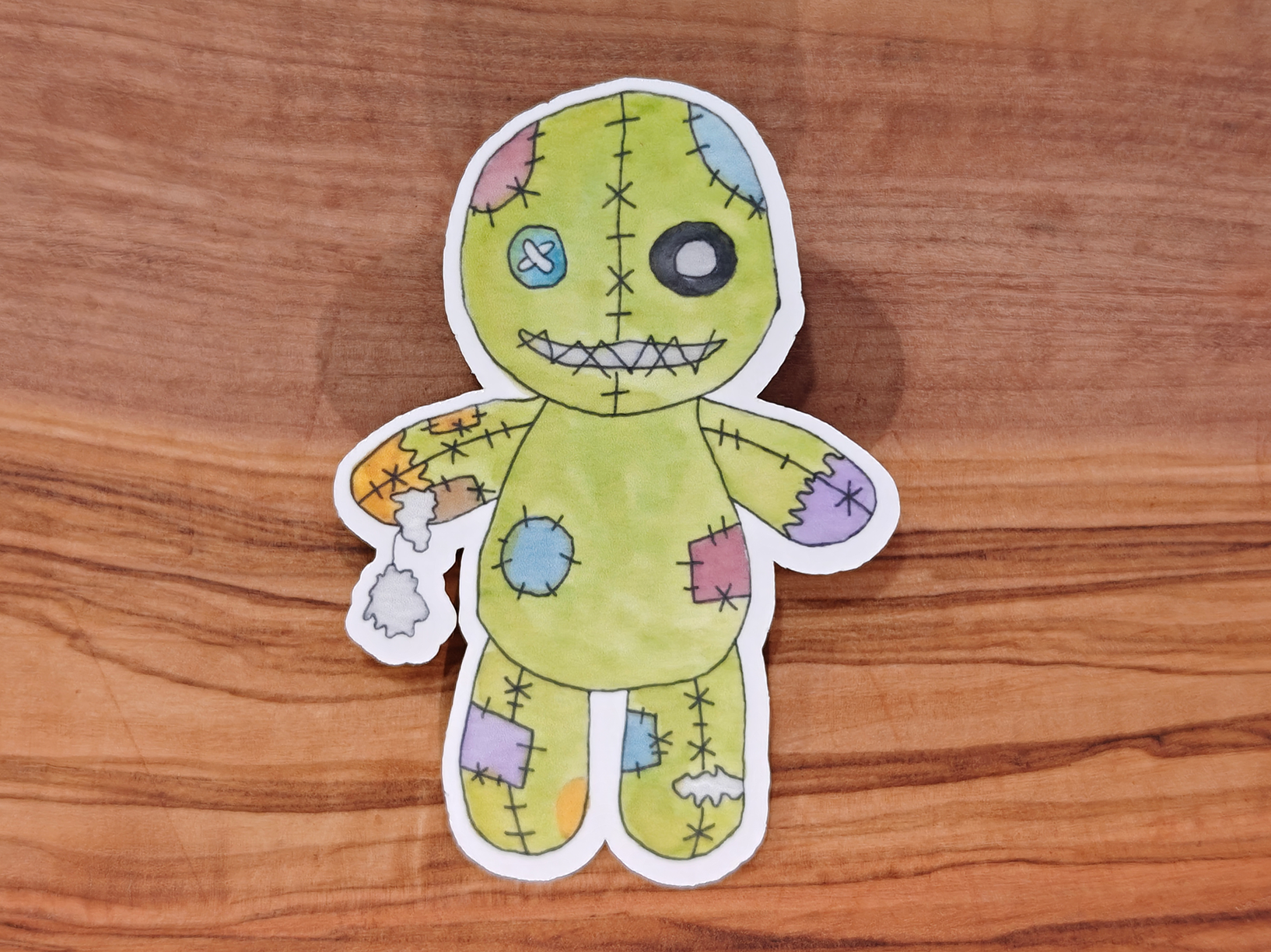 Green Voodoo Doll Sticker | Creepy Cute Watercolor Voodoo Plush Design | 2", 2.5", or 3" Vinyl Waterproof Sticker