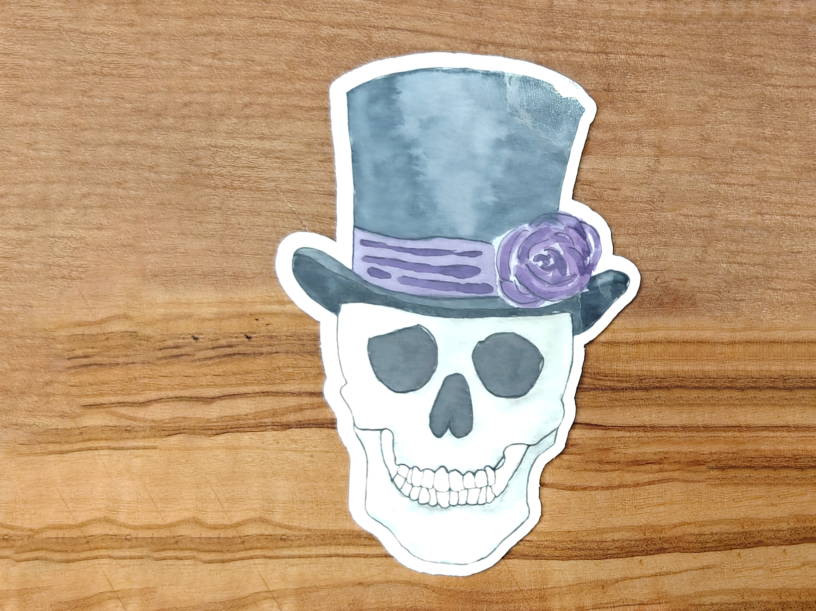 Voodoo Skull Sticker | Watercolor Skull with Black Top Hat, Purple Band, and Rose | 2", 2.5", or 3" Vinyl Waterproof Sticker