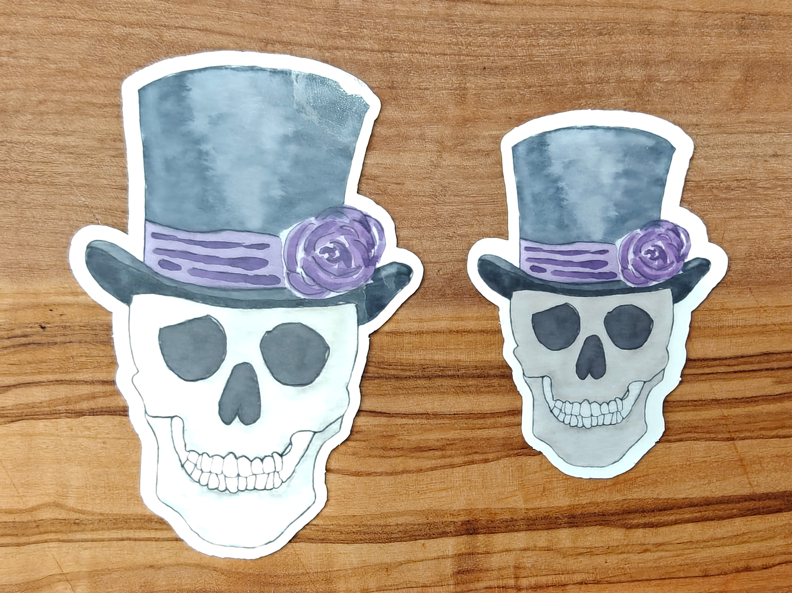 Voodoo Skull Sticker | Watercolor Skull with Black Top Hat, Purple Band, and Rose | 2", 2.5", or 3" Vinyl Waterproof Sticker