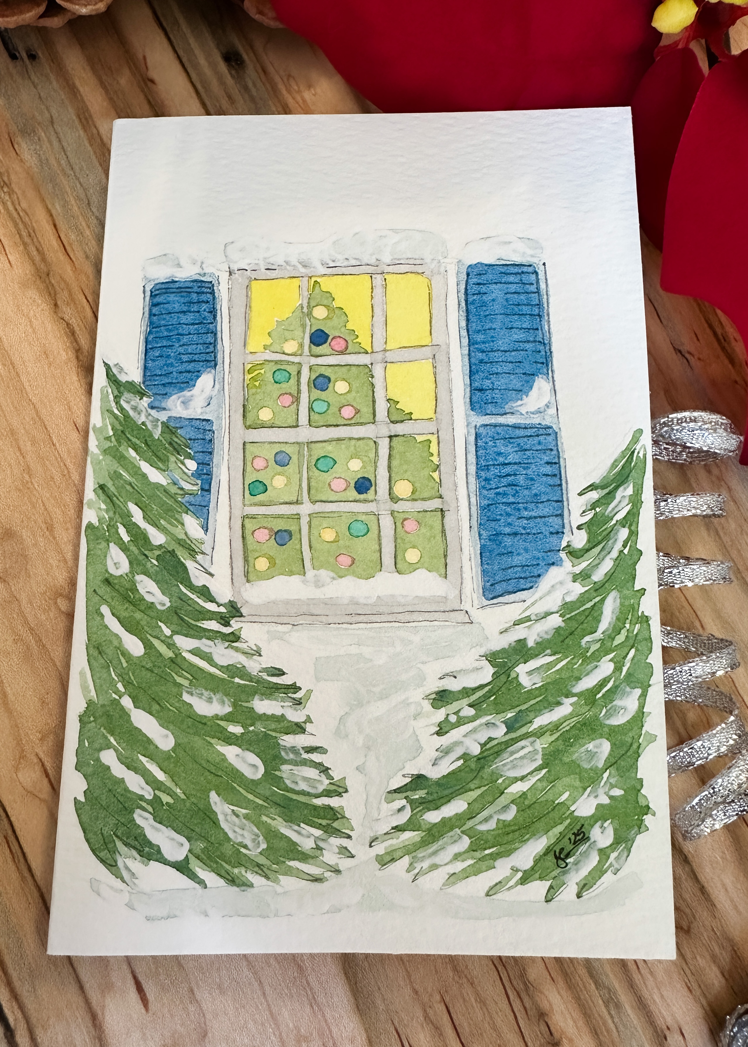 Hand-Painted Christmas Card Set – Watercolor Snowy Window with Christmas Tree, Set of 4 Originals with Envelopes