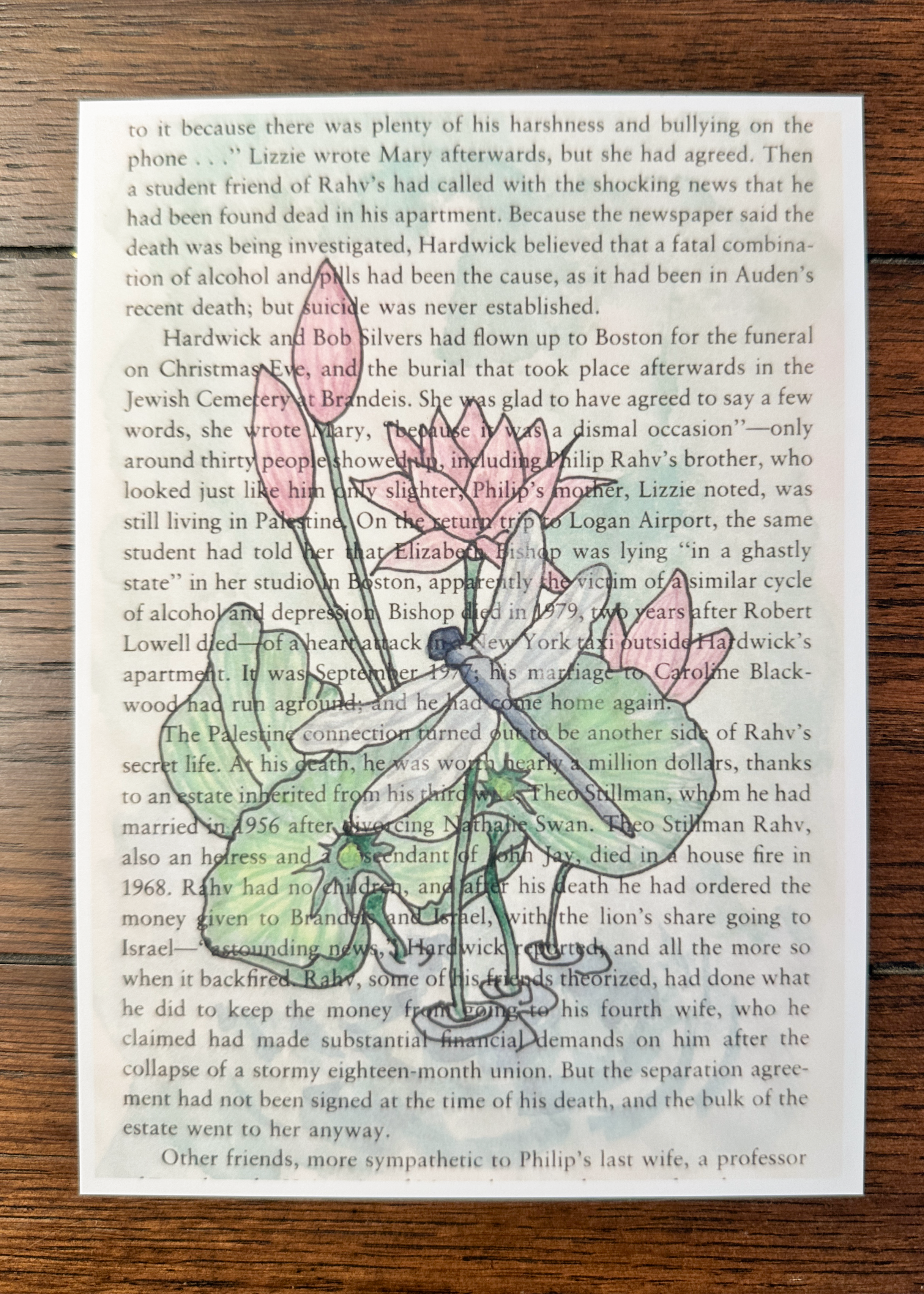 Dragonfly and Lily Watercolor Print - Botanical Illustration on Vintage Book Page