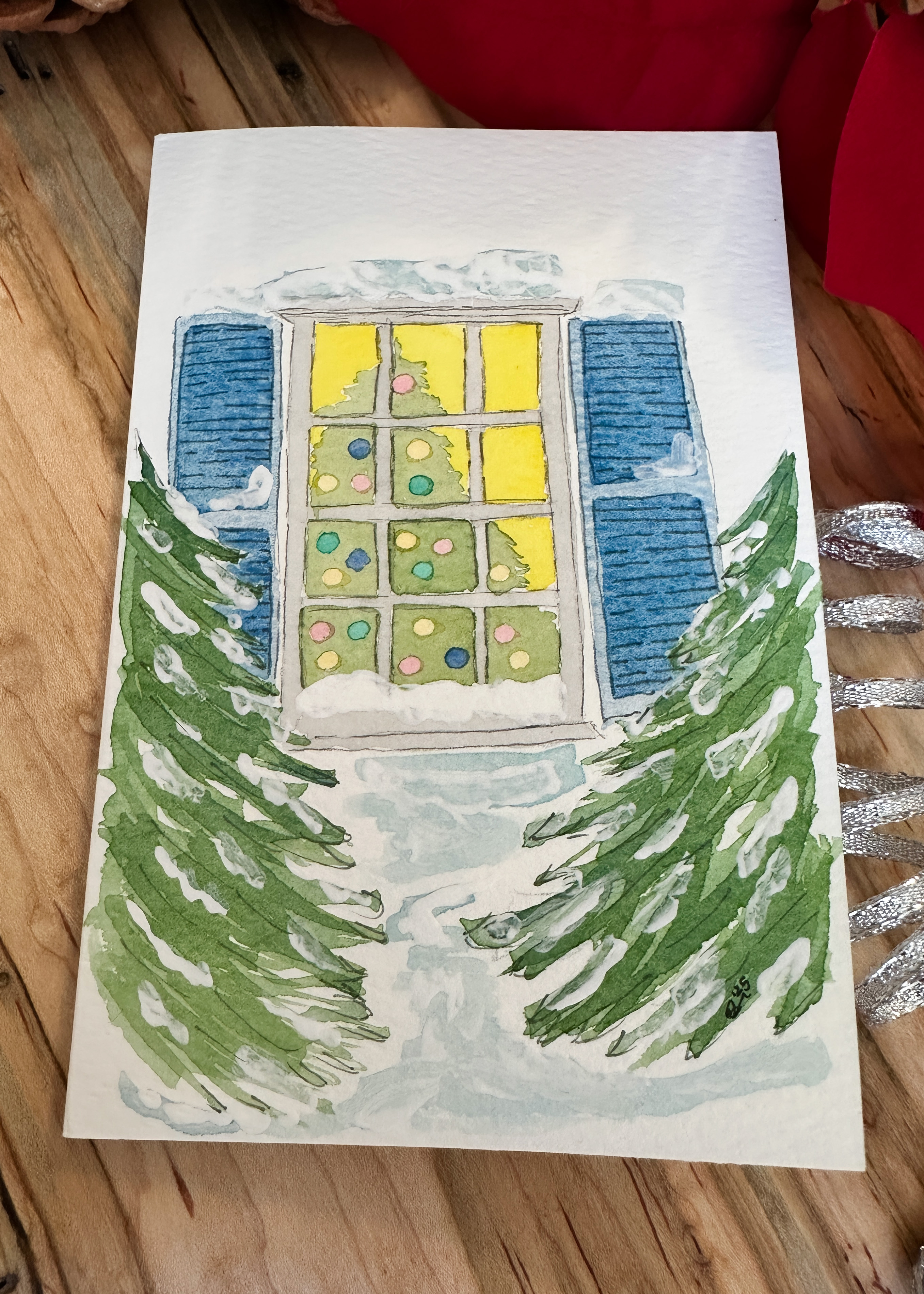 Hand-Painted Christmas Card Set – Watercolor Snowy Window with Christmas Tree, Set of 4 Originals with Envelopes