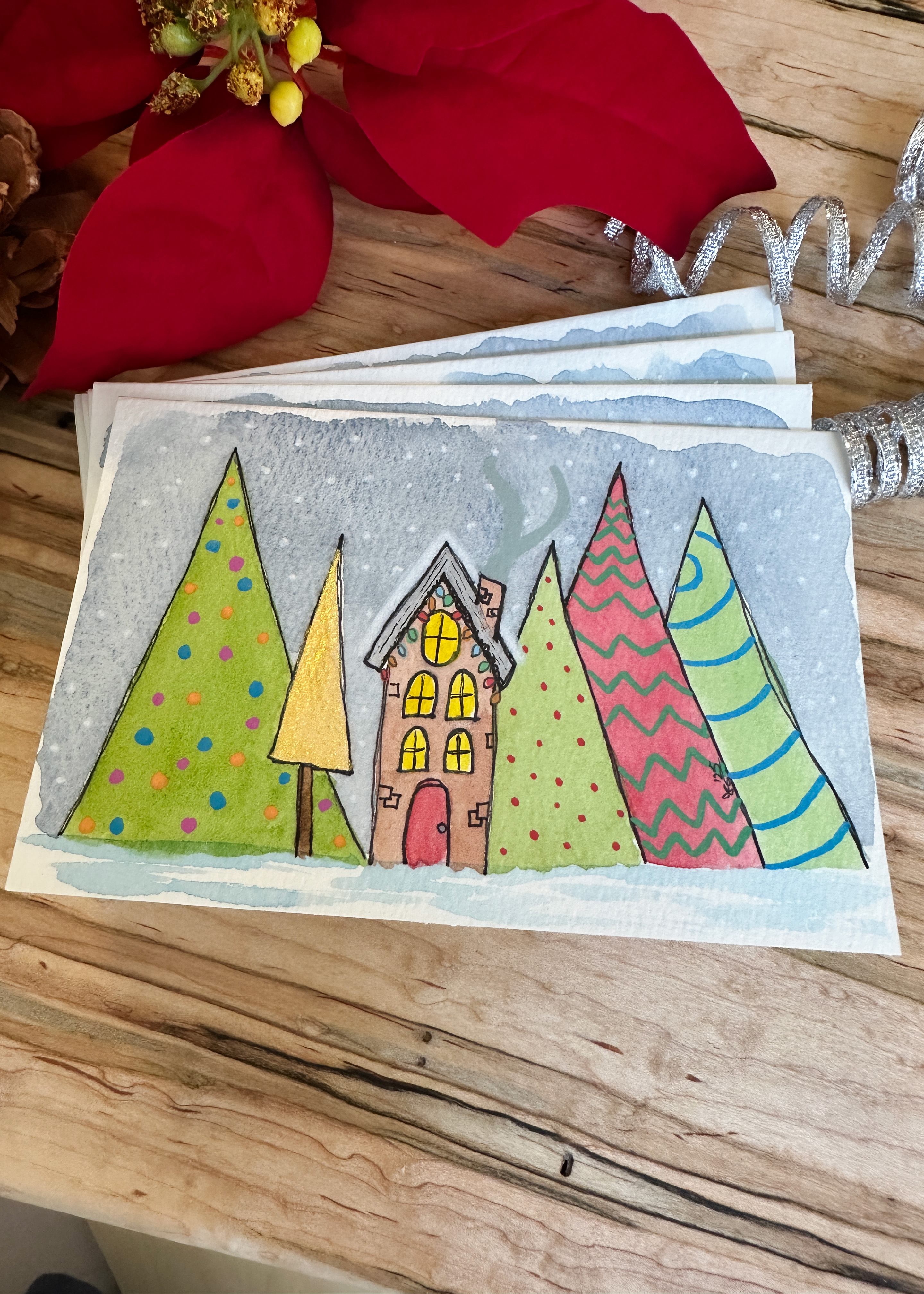 Hand-Painted Christmas Card Set - Whimsical Watercolor Holiday House and Trees, Set of 4 Originals with Envelopes
