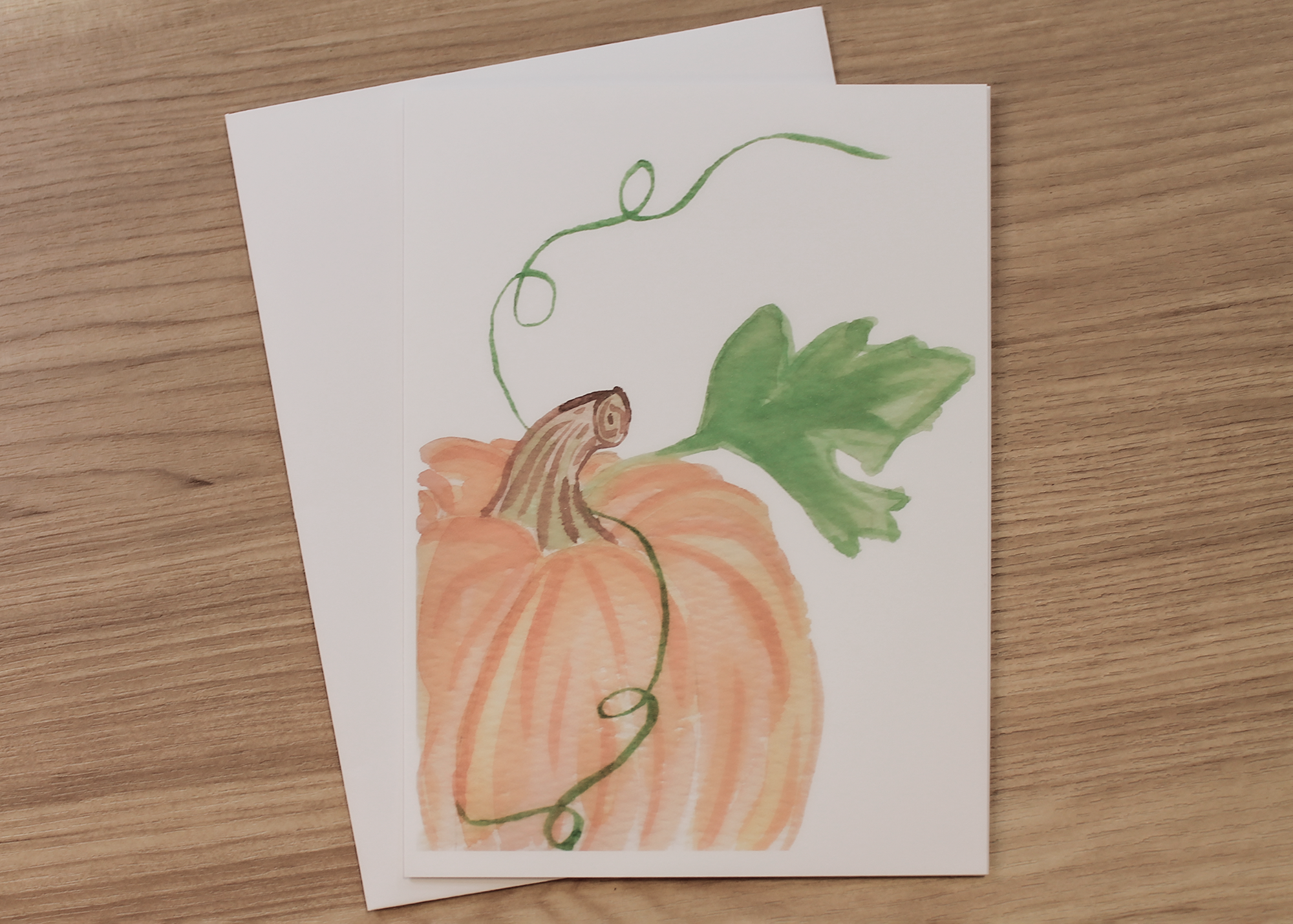 Fall Watercolor Notecards – Pumpkin with Green Leaf and Vines (Set of 4, 5x7 with Envelopes)