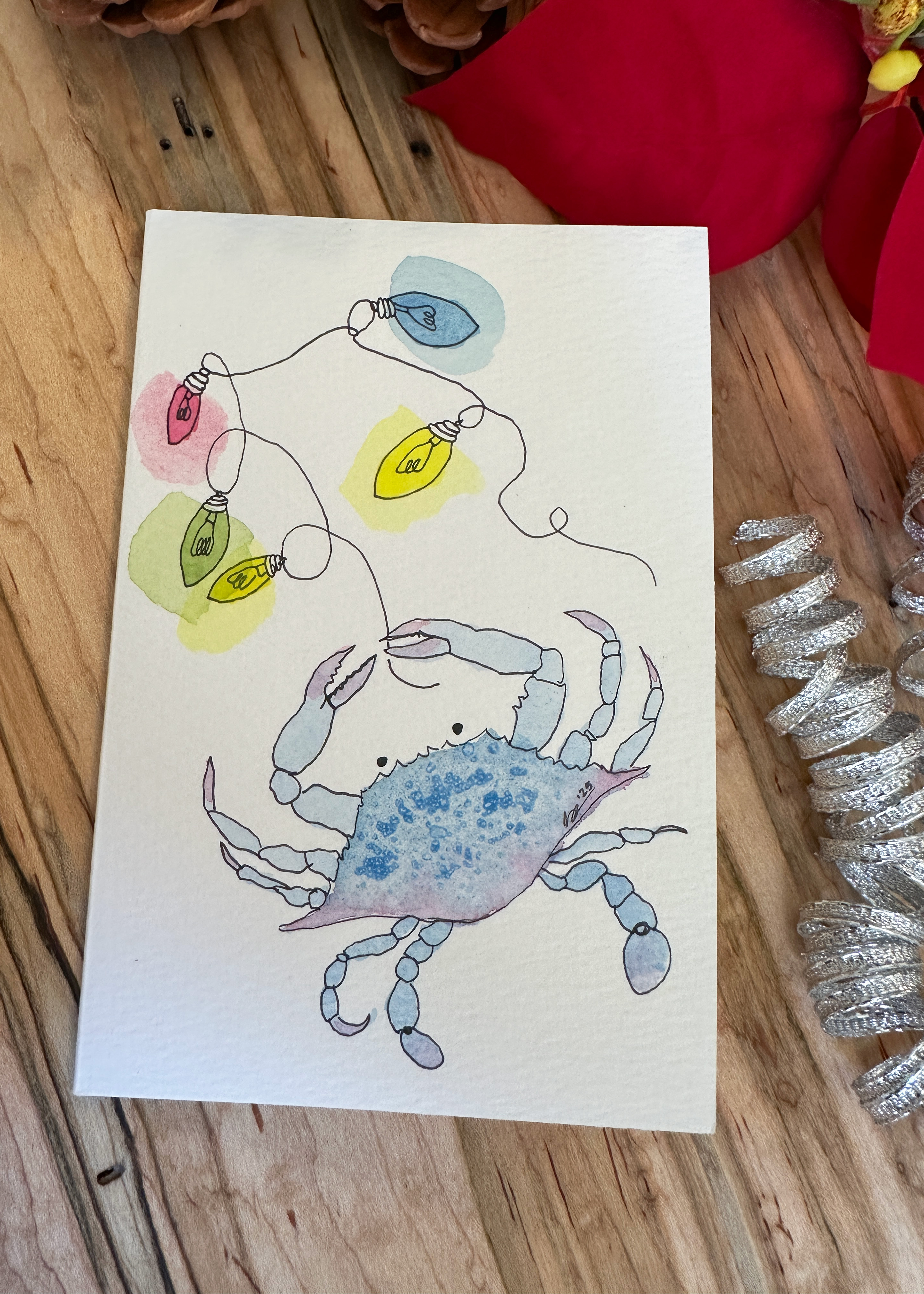 Hand-Painted Coastal Christmas Card Set - Watercolor Blue Crab with Holiday Lights, Set of 4 Originals with Envelopes
