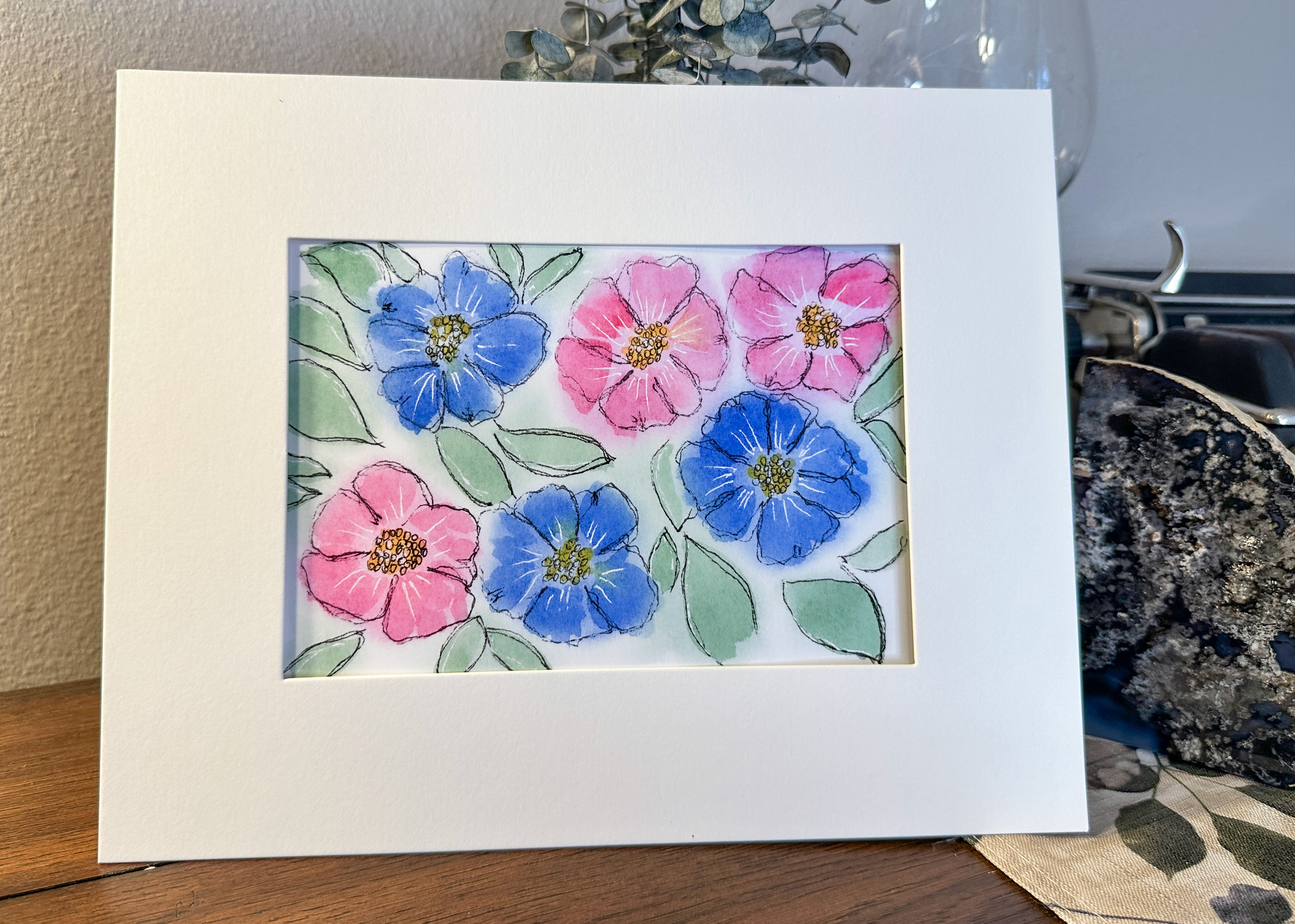 Pink and Blue Wildflower Watercolor Print - Loose Floral Botanical Ar