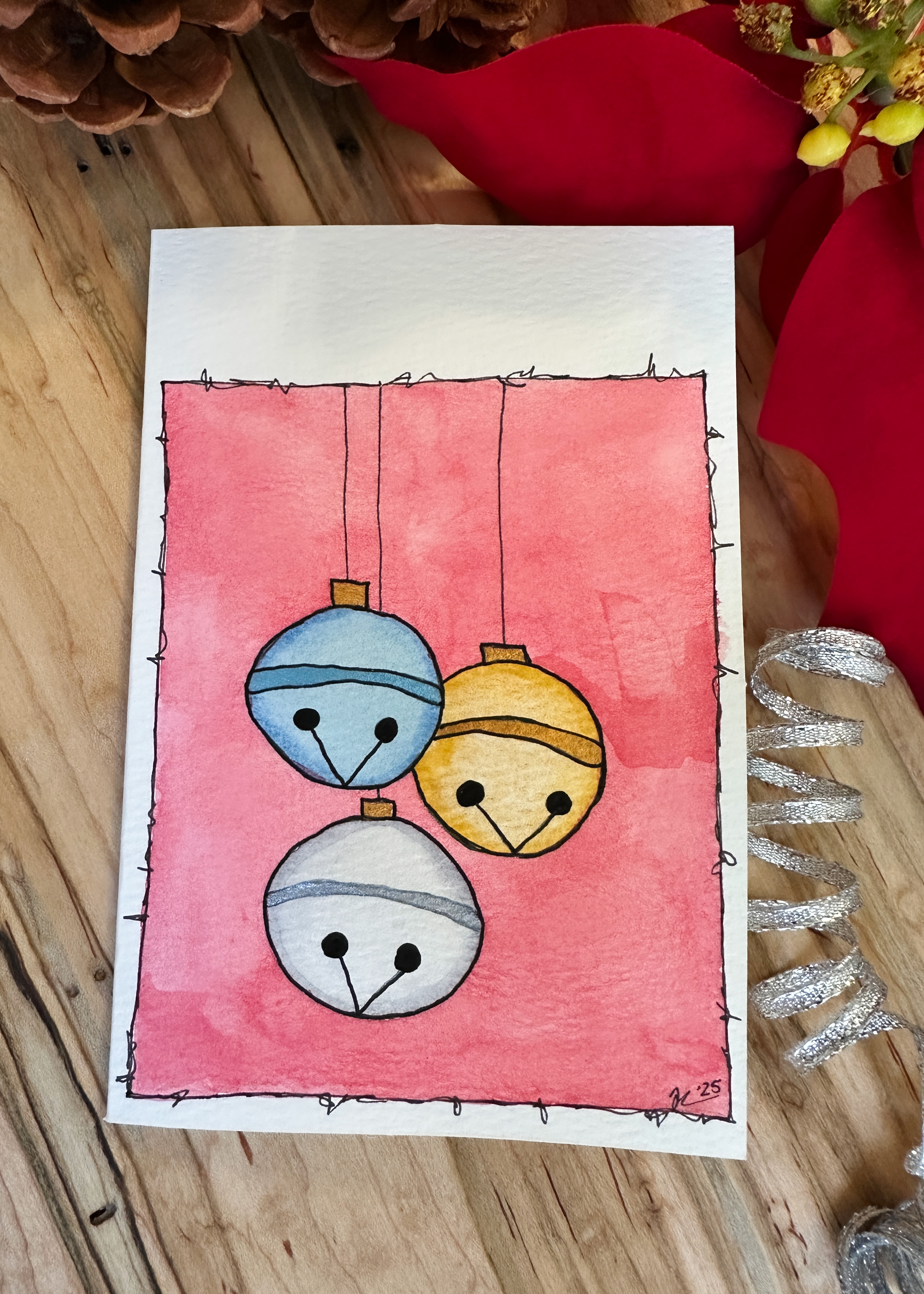 Hand-Painted Christmas Card Set - Watercolor Jingle Bells Design, Set of 4 Originals with Envelopes