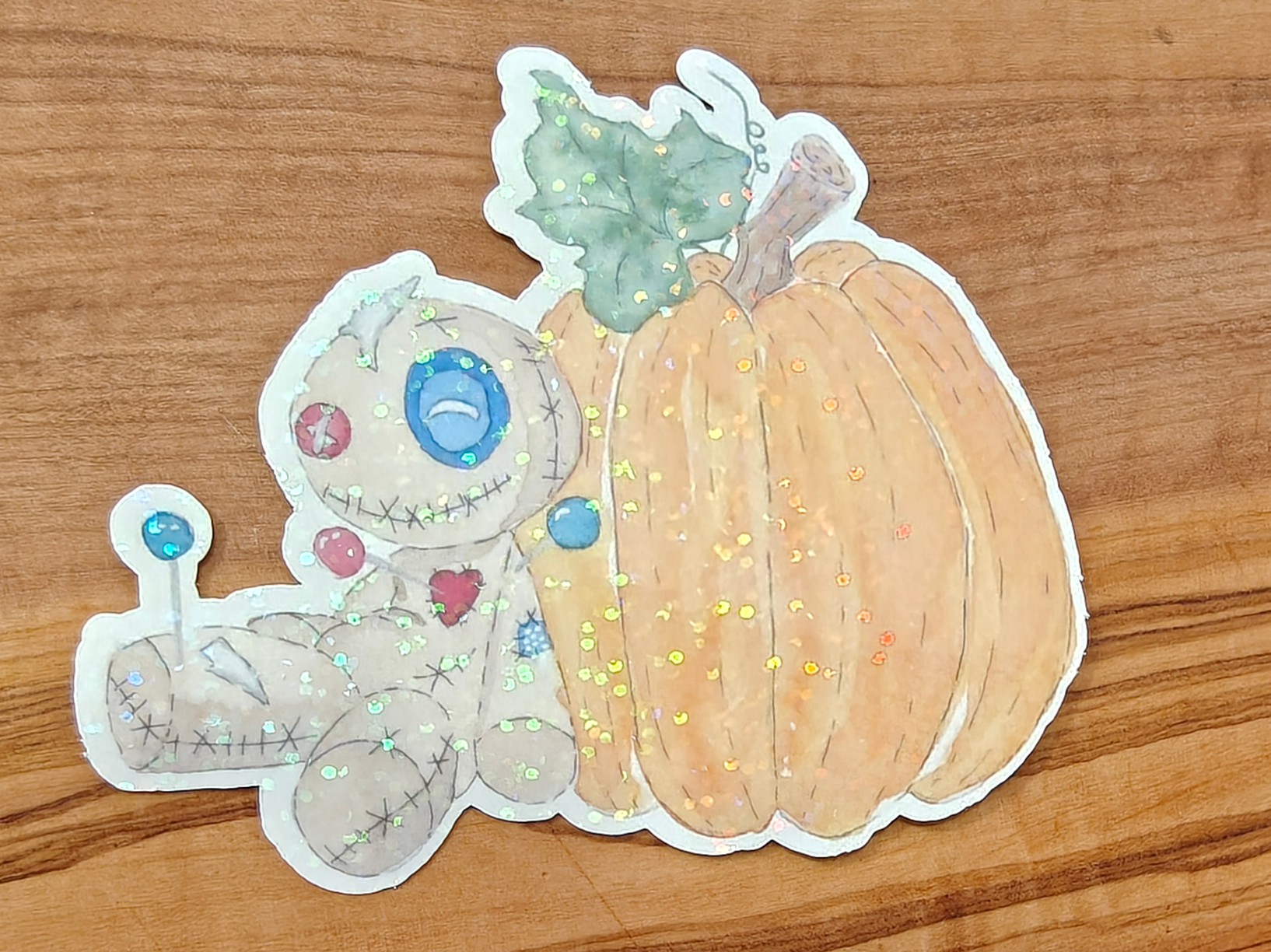 Voodoo Doll Sticker with Pumpkin | Creepy Cute Watercolor Sitting Doll | 2", 2.5", or 3" Vinyl Waterproof Sticker