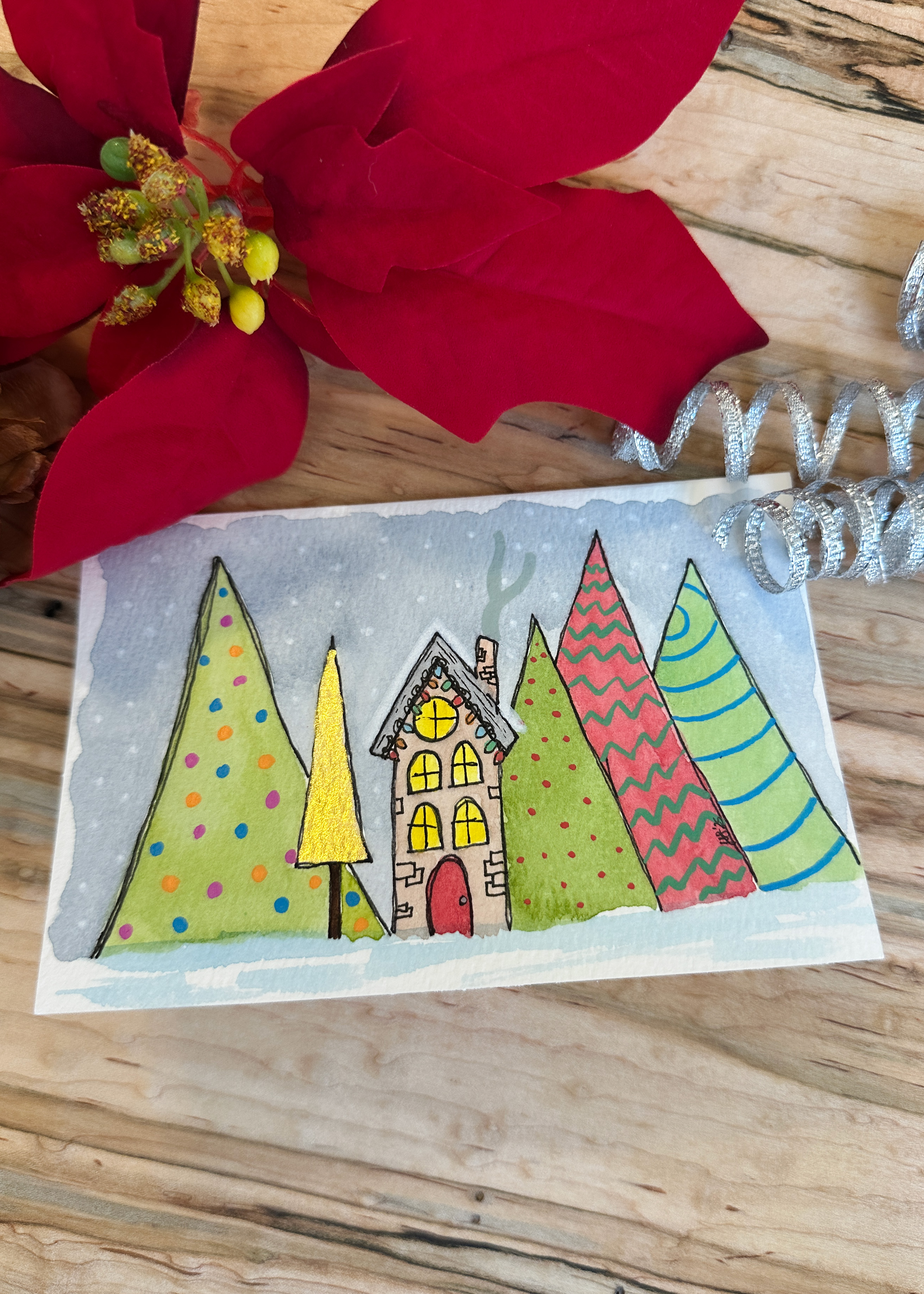 Hand-Painted Christmas Card Set - Whimsical Watercolor Holiday House and Trees, Set of 4 Originals with Envelopes