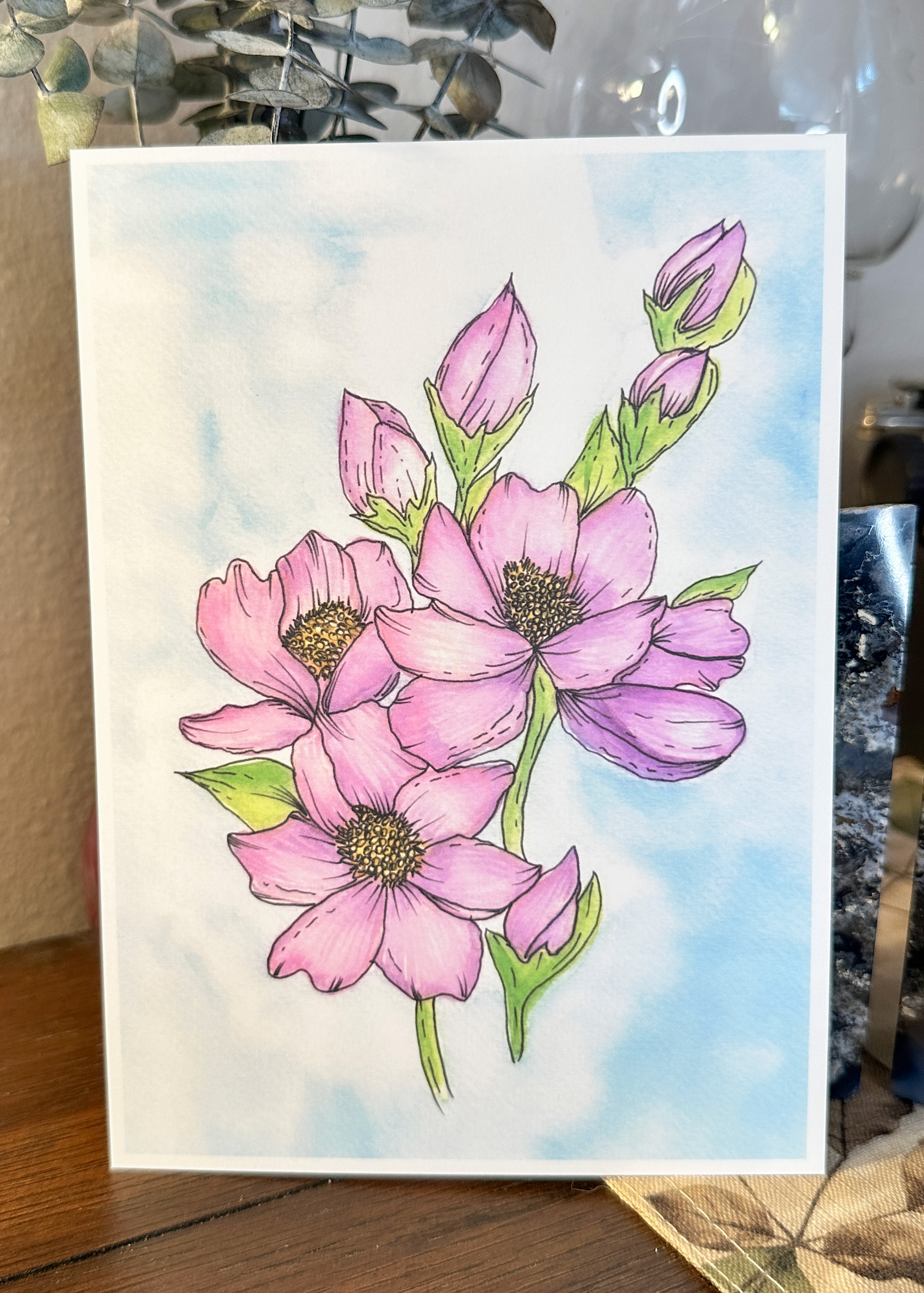 Pink Cosmos Watercolor Print - Botanical Wall Art in Soft Pastel Tones