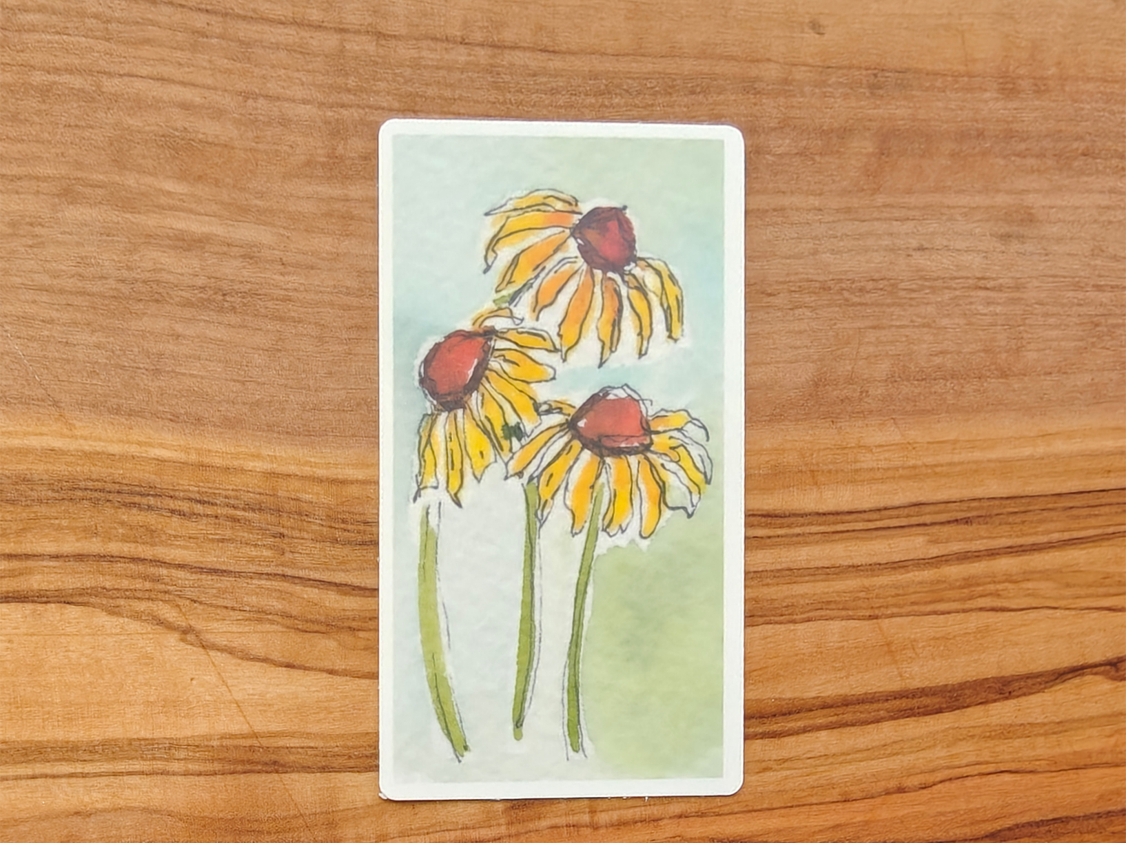 Yellow Coneflower Sticker | Watercolor Trio of Flowers with Green and Blue Background | Rectangular Vinyl Waterproof Sticker in 2", 2.5", or 3" Tall