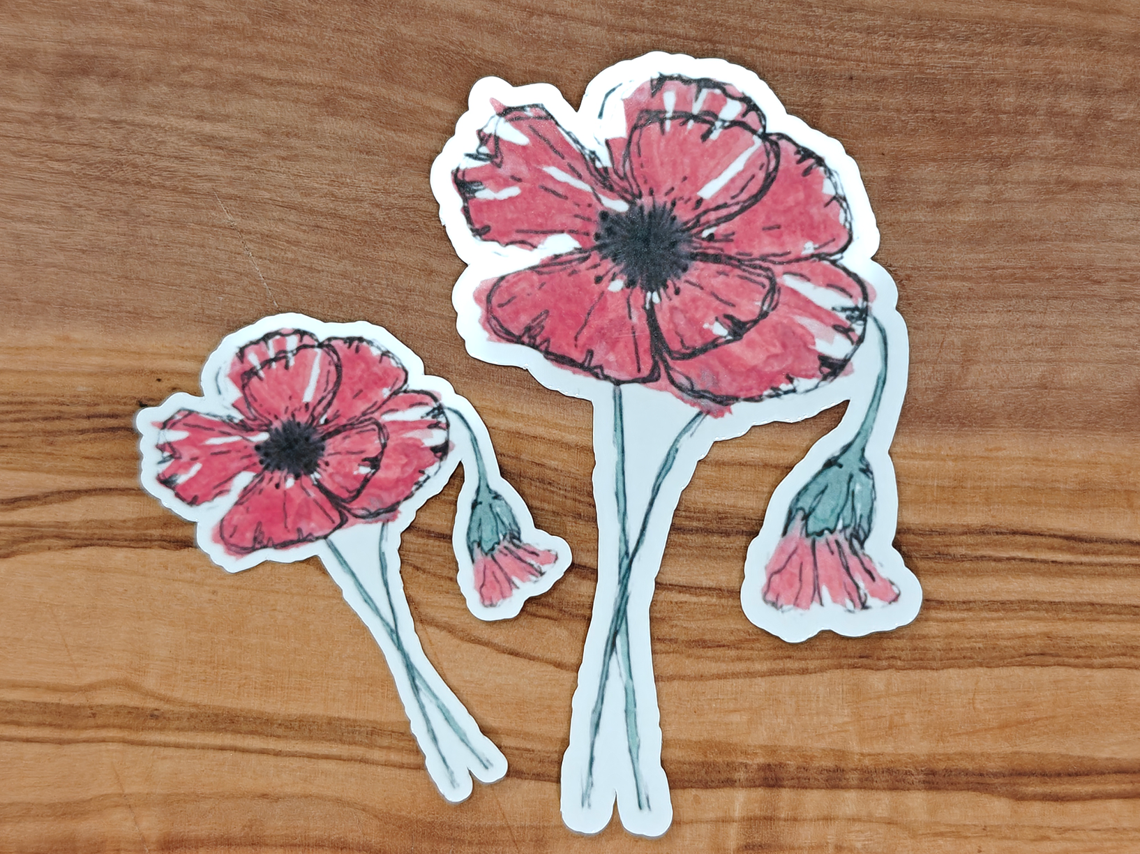 Red Poppy Sticker | Loose Watercolor Line and Wash Flower with Drooping Bud | 2", 2.5", or 3" Vinyl Waterproof Sticker
