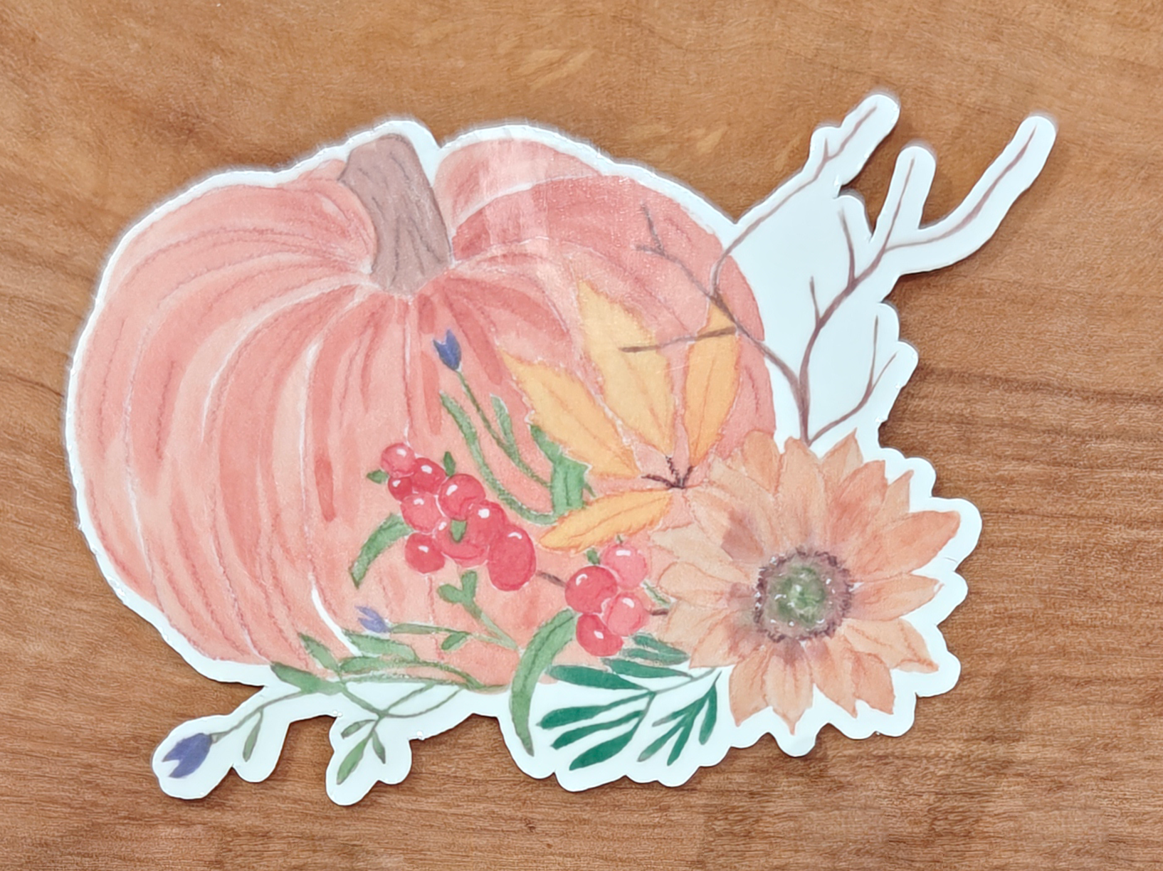 Pumpkin Floral Sticker | Watercolor Pumpkin with Sunflower, Berries, and Autumn Branches | 2", 2.5", or 3" Vinyl Waterproof Sticker