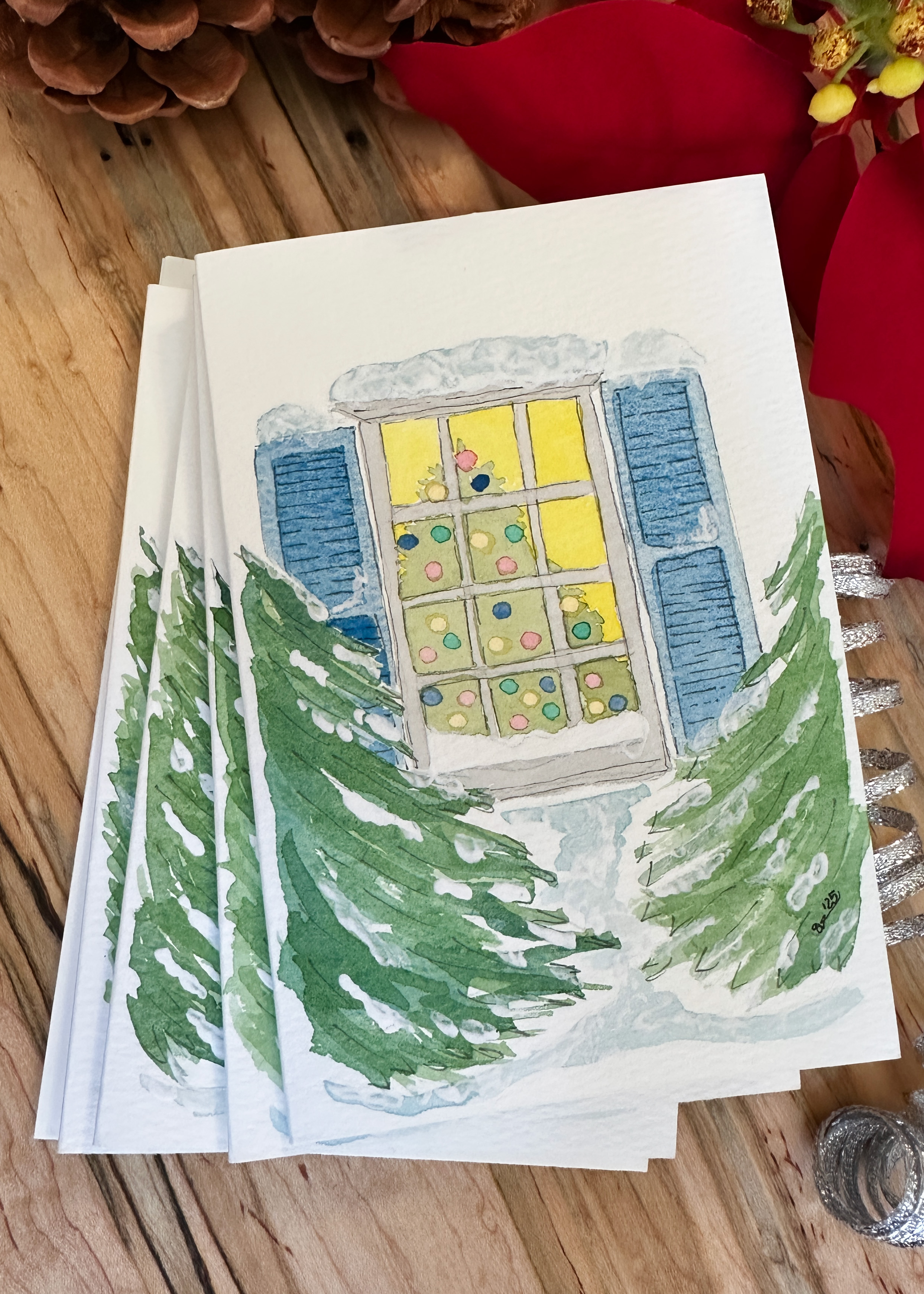 Hand-Painted Christmas Card Set – Watercolor Snowy Window with Christmas Tree, Set of 4 Originals with Envelopes