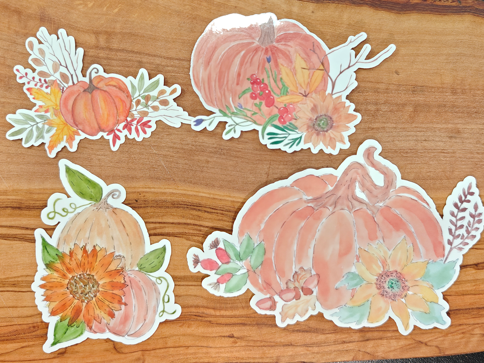 Pumpkin Floral Sticker Pack | Watercolor Pumpkins with Sunflowers, Leaves, and Autumn Accents | Set of 4 Vinyl Waterproof Stickers in 2", 2.5", or 3" Tall