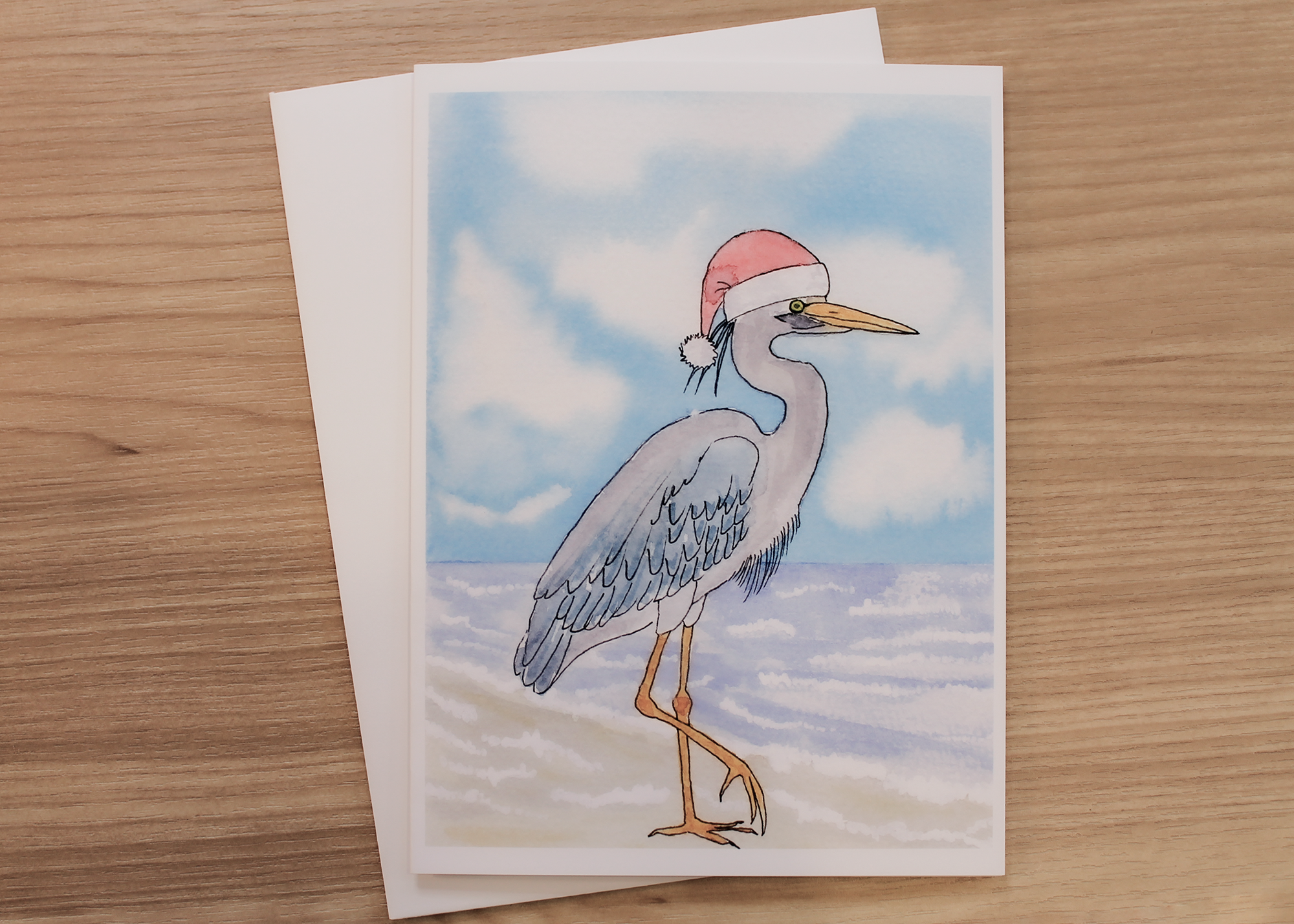 Coastal Christmas Greeting Cards – Watercolor Heron in Santa Hat (Set of 4, 5x7 with Envelopes)