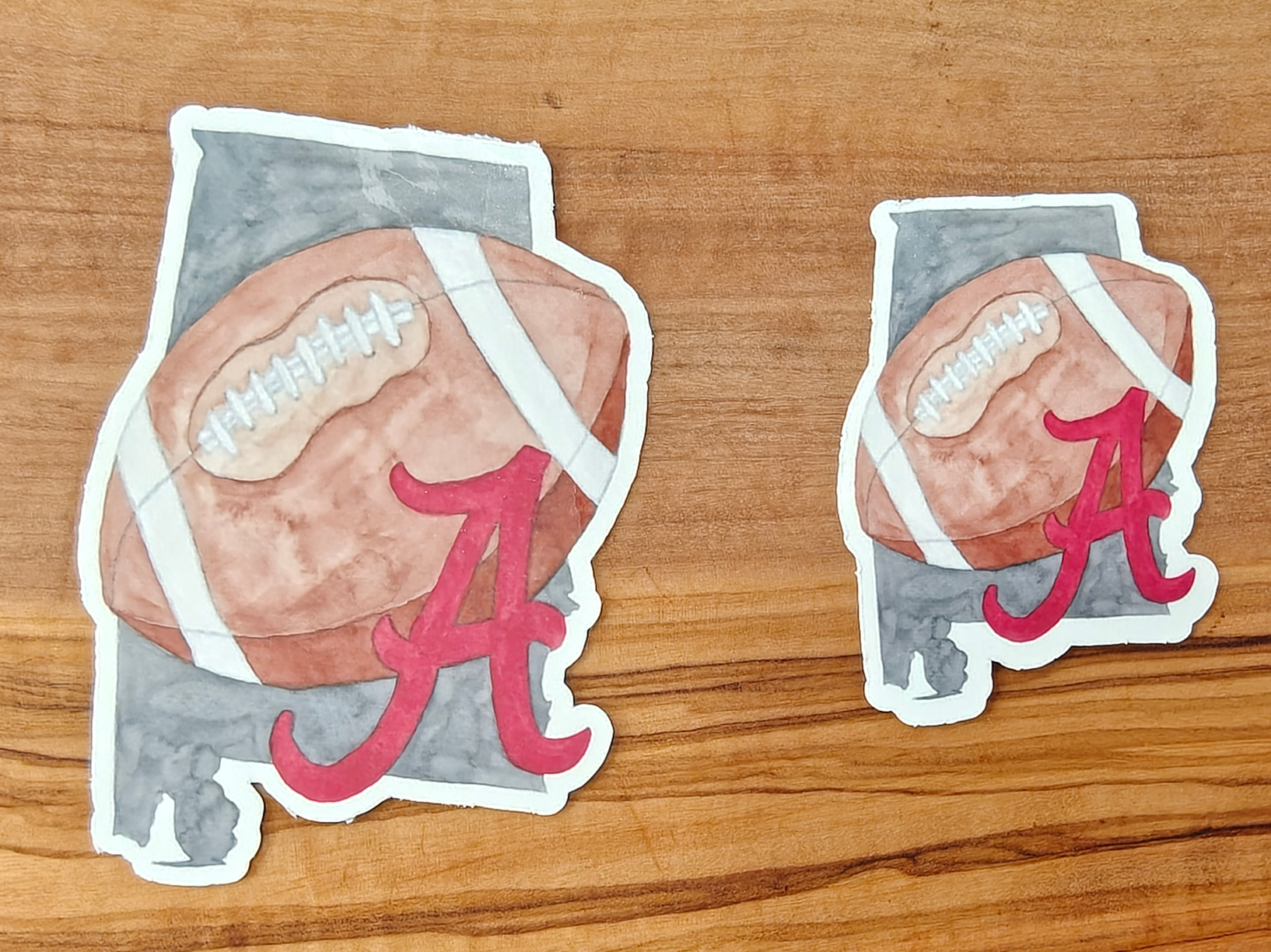 Alabama Football Sticker | Crimson Tide A with Football and State Silhouette | 2", 2.5", or 3" Vinyl Waterproof Sticker