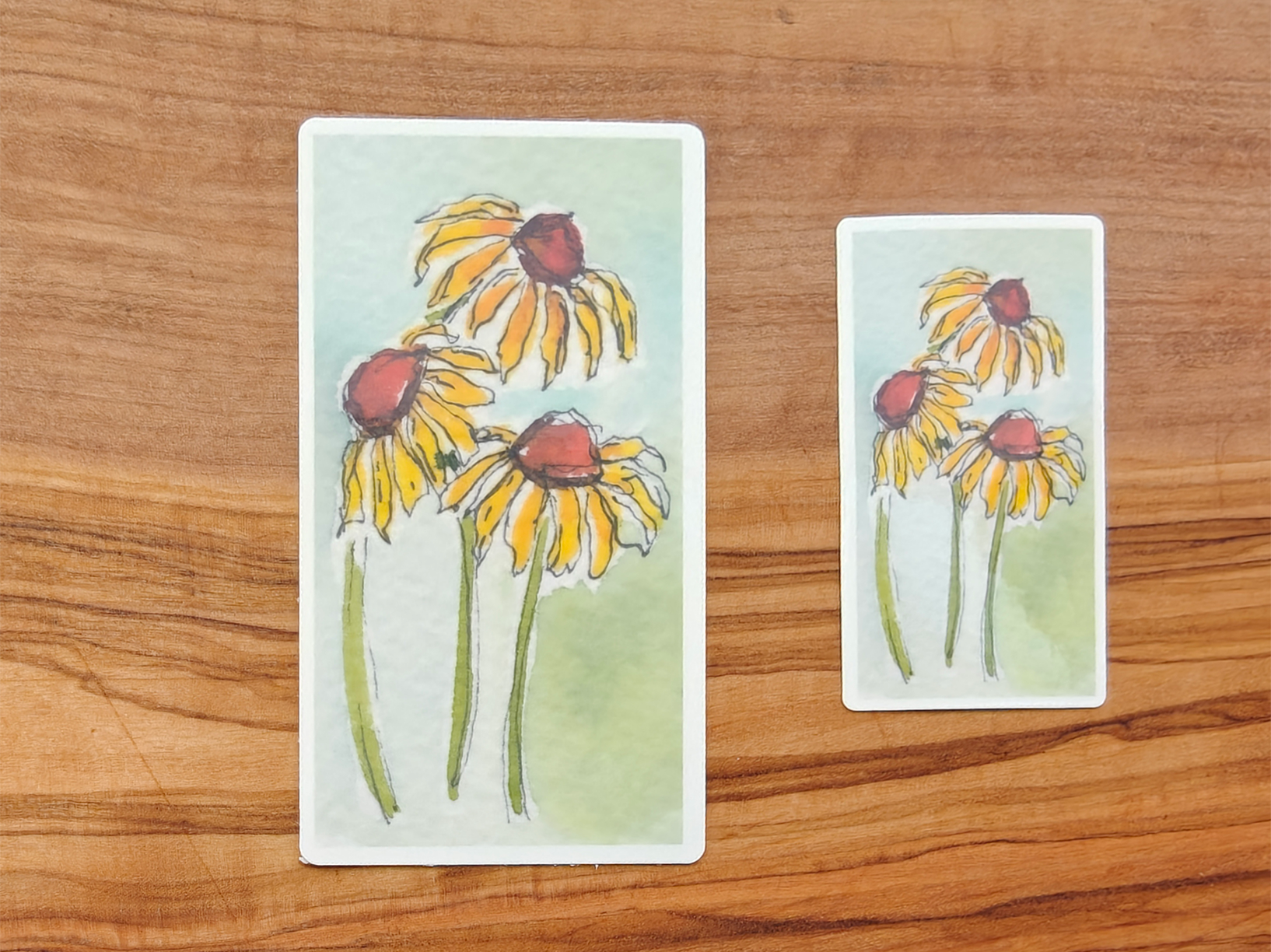 Yellow Coneflower Sticker | Watercolor Trio of Flowers with Green and Blue Background | Rectangular Vinyl Waterproof Sticker in 2", 2.5", or 3" Tall