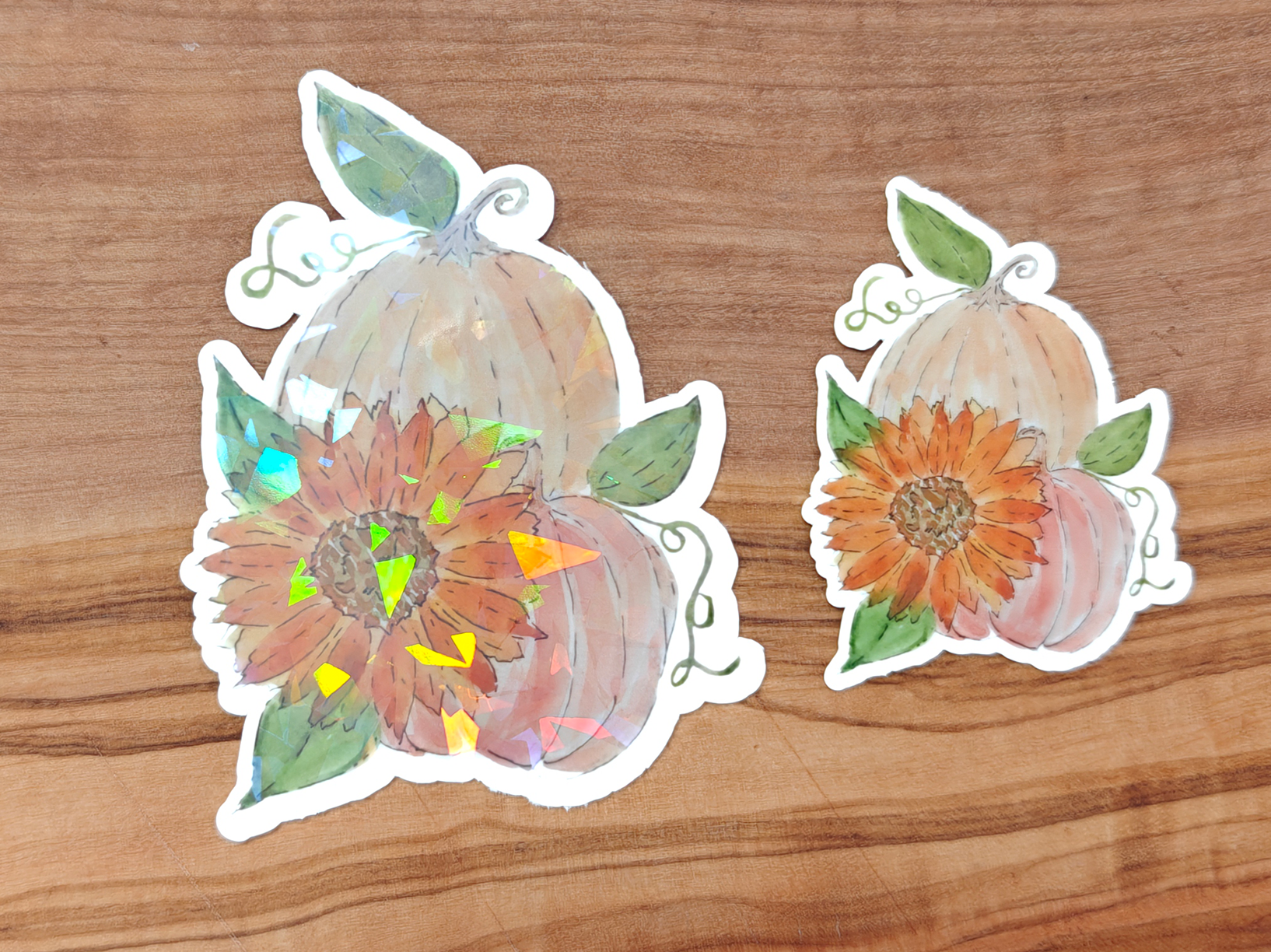 Pumpkin Floral Sticker | Watercolor Two Pumpkins with Sunflower | 2", 2.5", or 3" Vinyl Waterproof Sticker