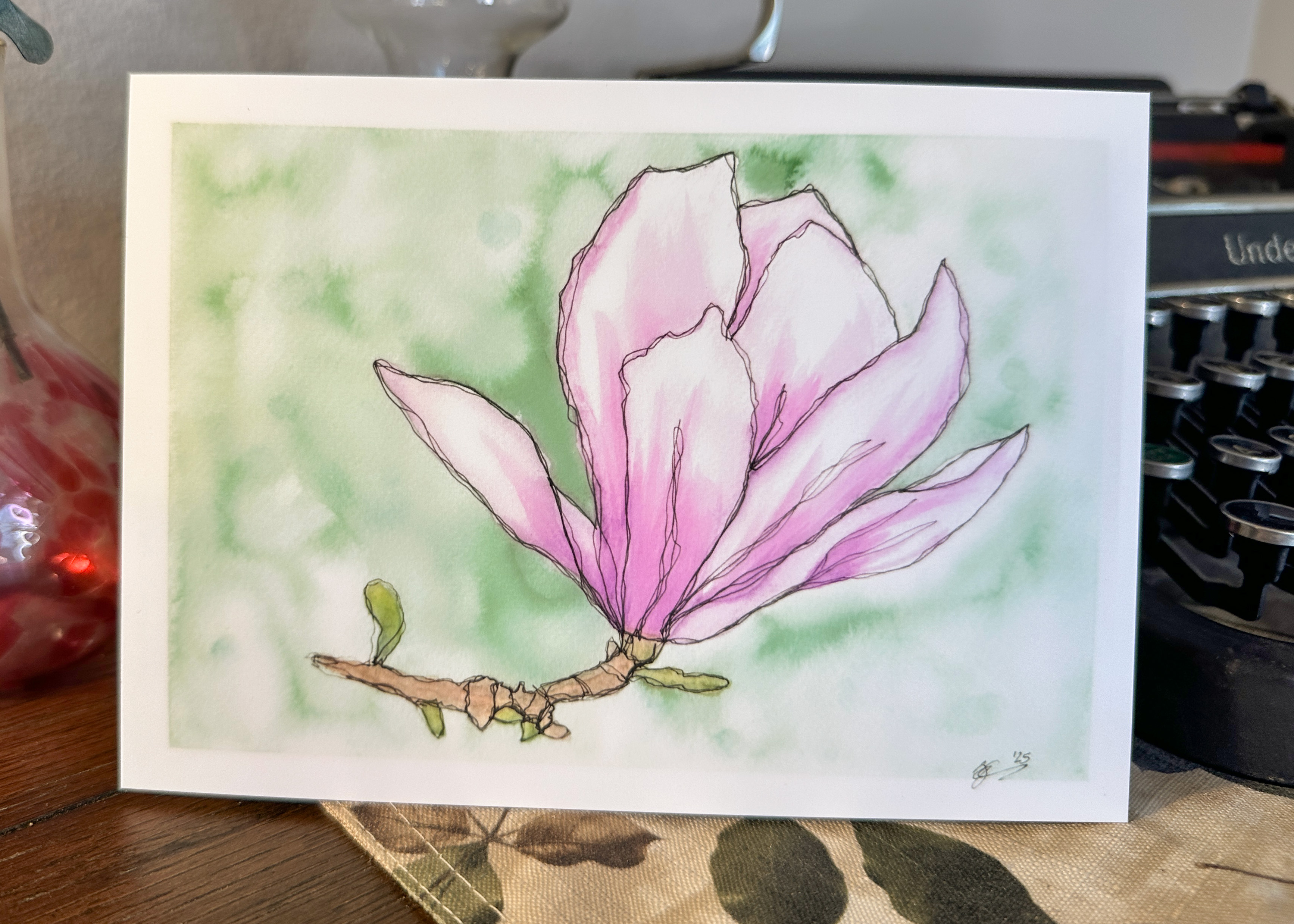 Magnolia Blossom Watercolor Print - Pink Japanese Magnolia Botanical Wall Art