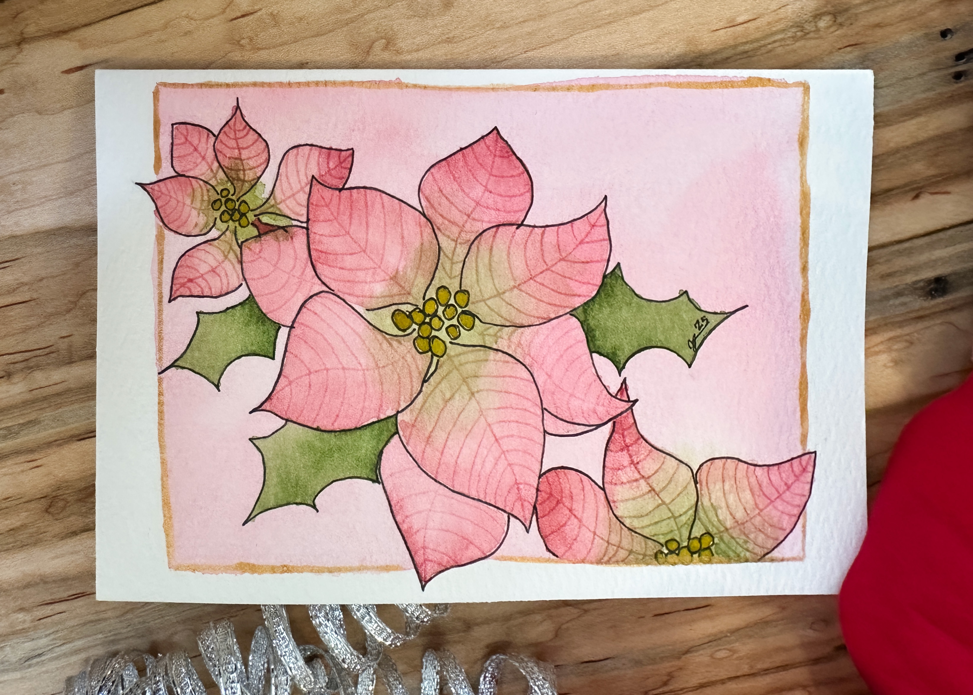 Hand-Painted Christmas Card Set – Watercolor Pink Poinsettias with Holly Accents, Set of 4 Originals with Envelopes