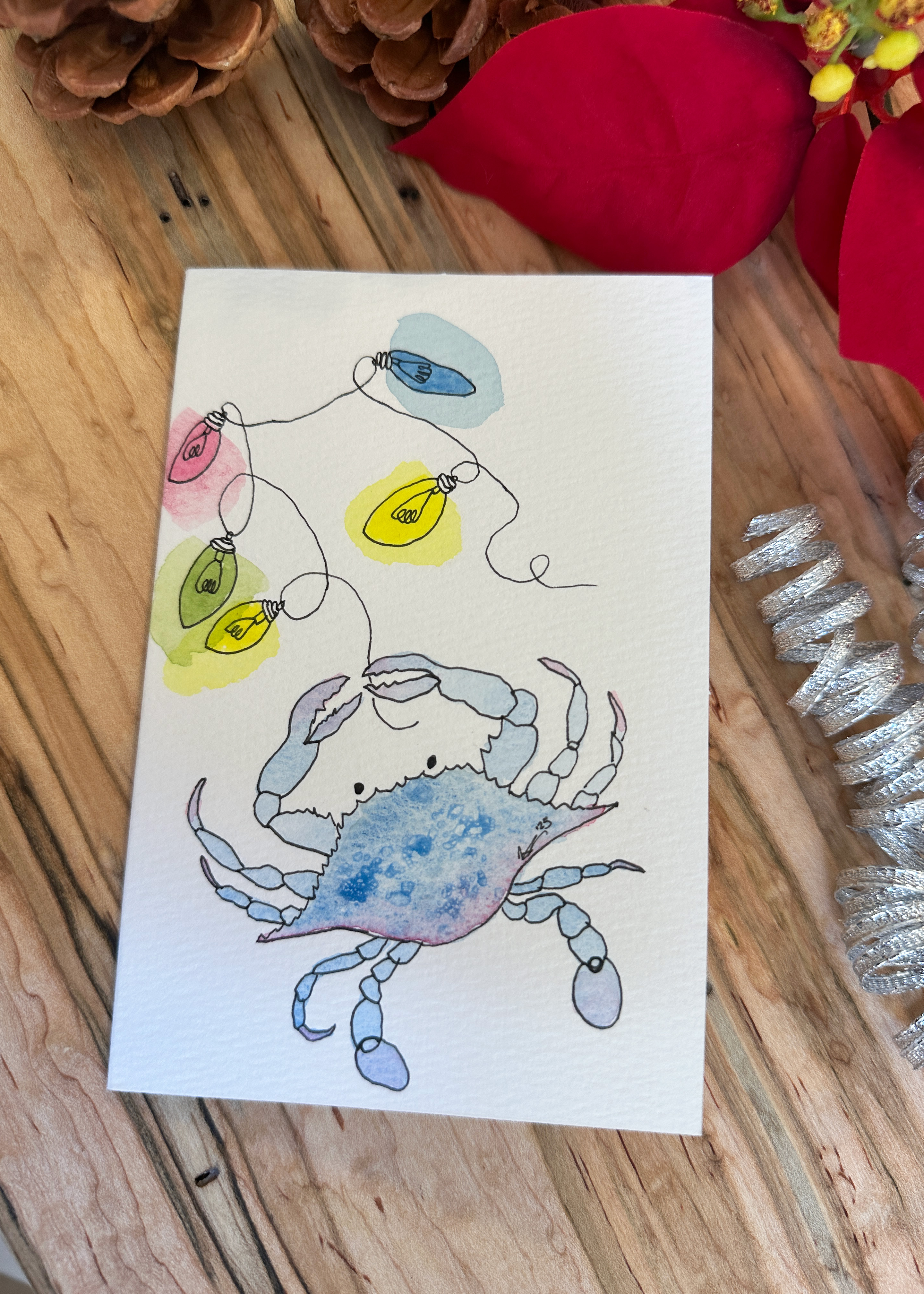 Hand-Painted Coastal Christmas Card Set - Watercolor Blue Crab with Holiday Lights, Set of 4 Originals with Envelopes
