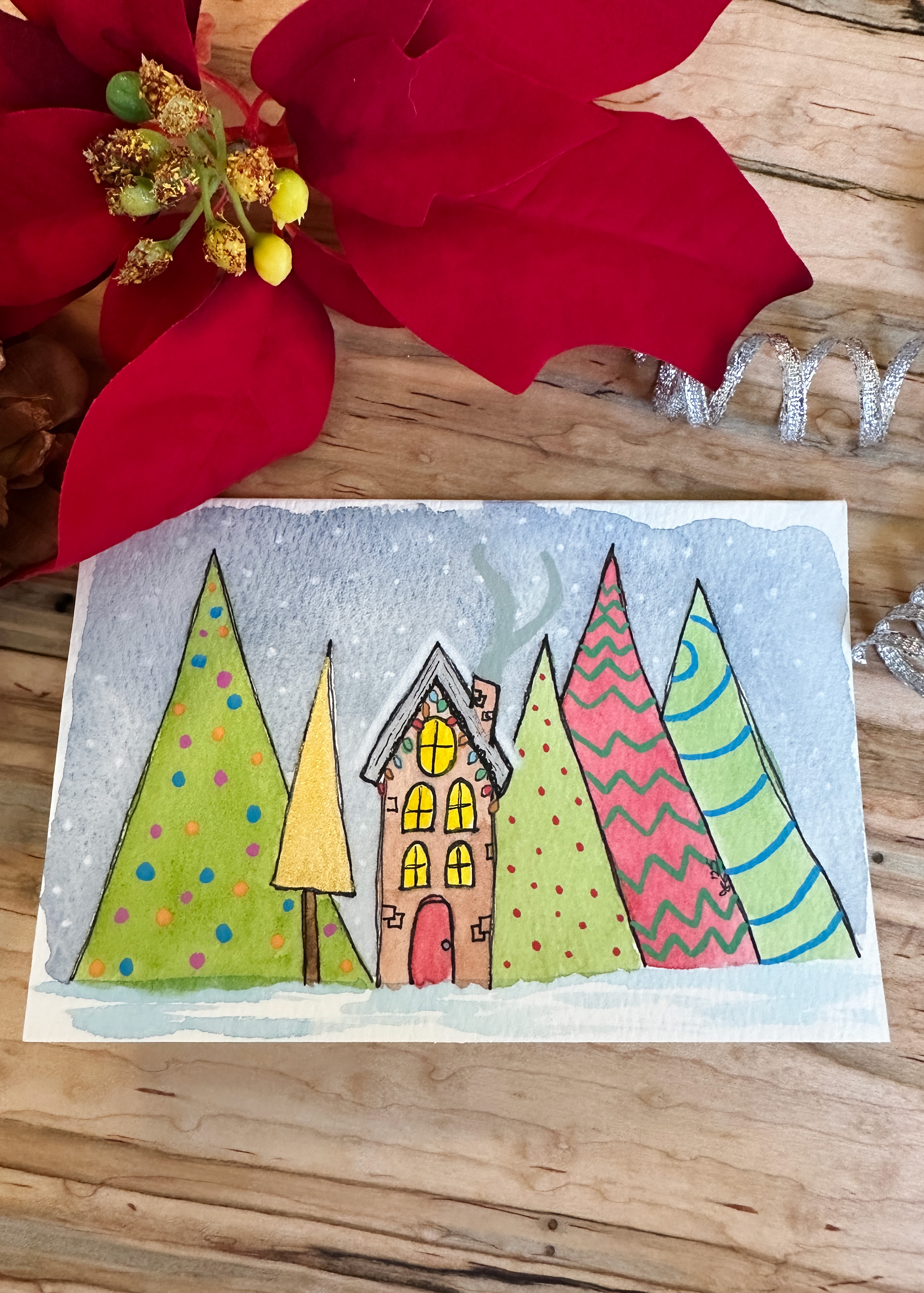 Hand-Painted Christmas Card Set - Whimsical Watercolor Holiday House and Trees, Set of 4 Originals with Envelopes