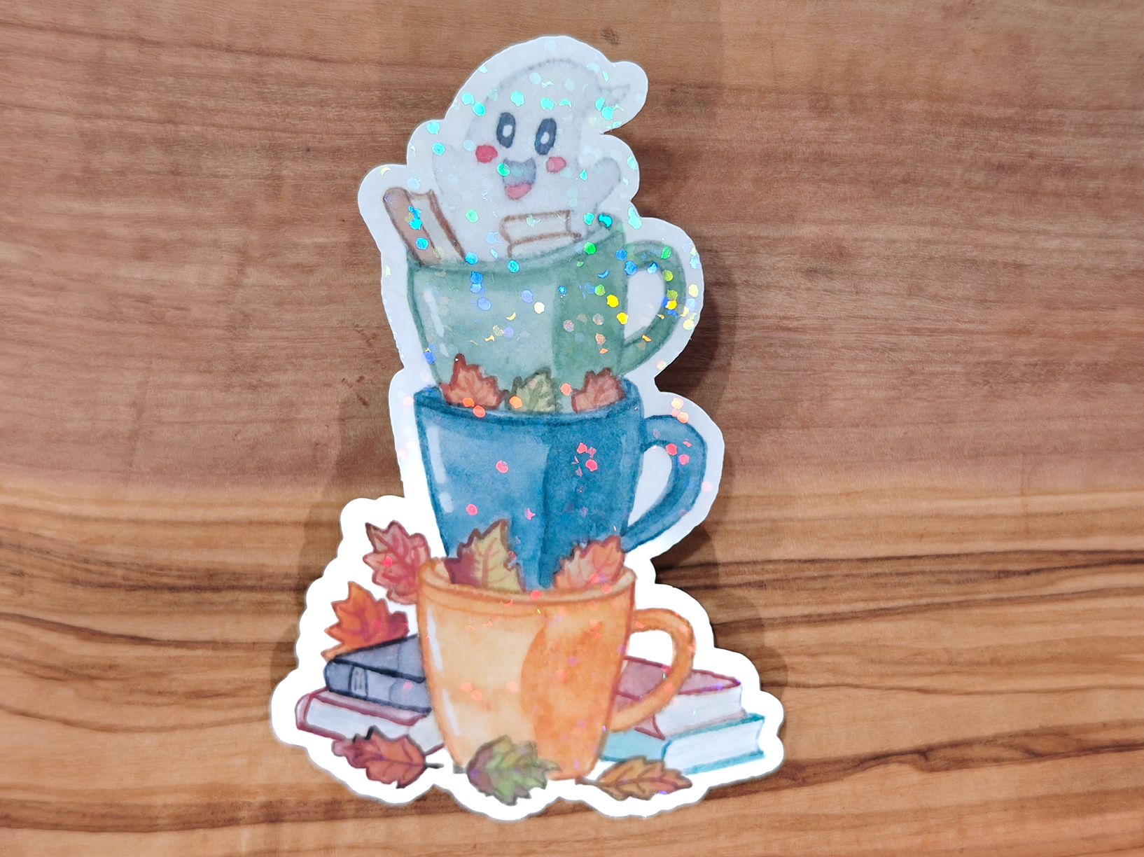 Fall Cups Sticker with Ghost and Books | Cozy Autumn Watercolor with Leaves and Stacked Mugs | 2", 2.5", or 3" Vinyl Waterproof Sticker