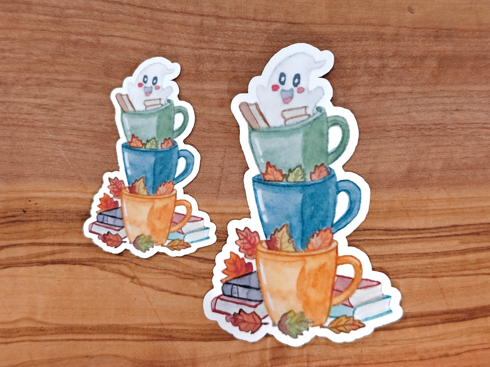 Fall Cups Sticker with Ghost and Books | Cozy Autumn Watercolor with Leaves and Stacked Mugs | 2", 2.5", or 3" Vinyl Waterproof Sticker