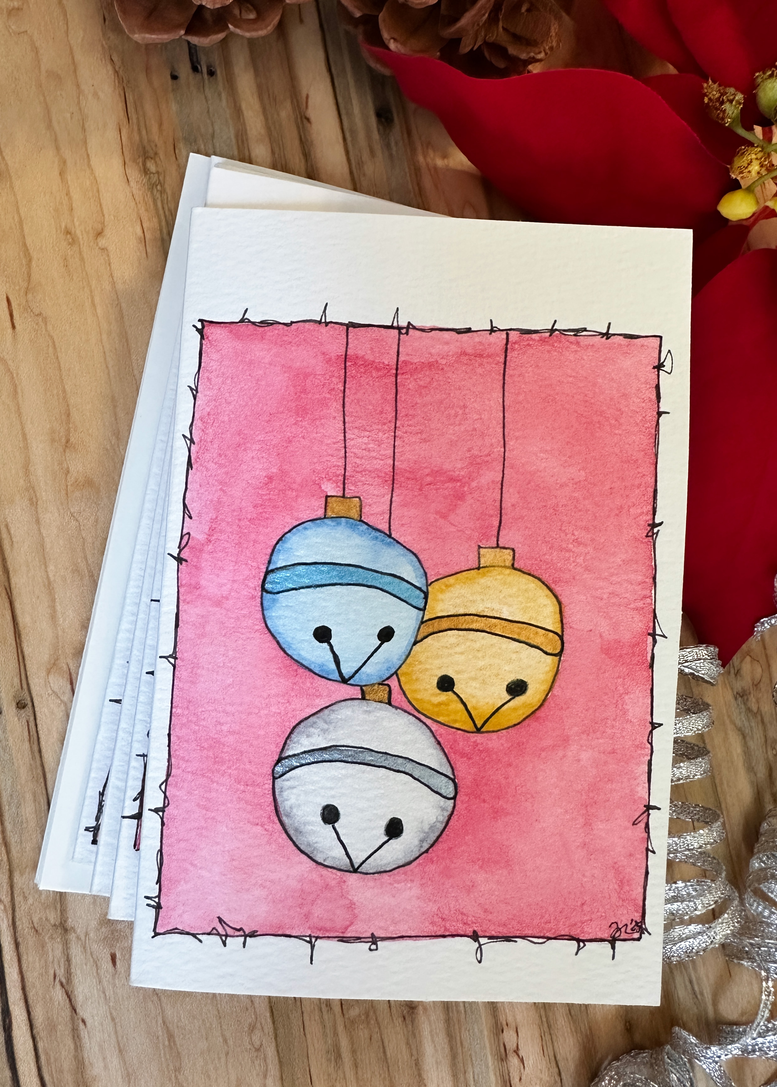 Hand-Painted Christmas Card Set - Watercolor Jingle Bells Design, Set of 4 Originals with Envelopes