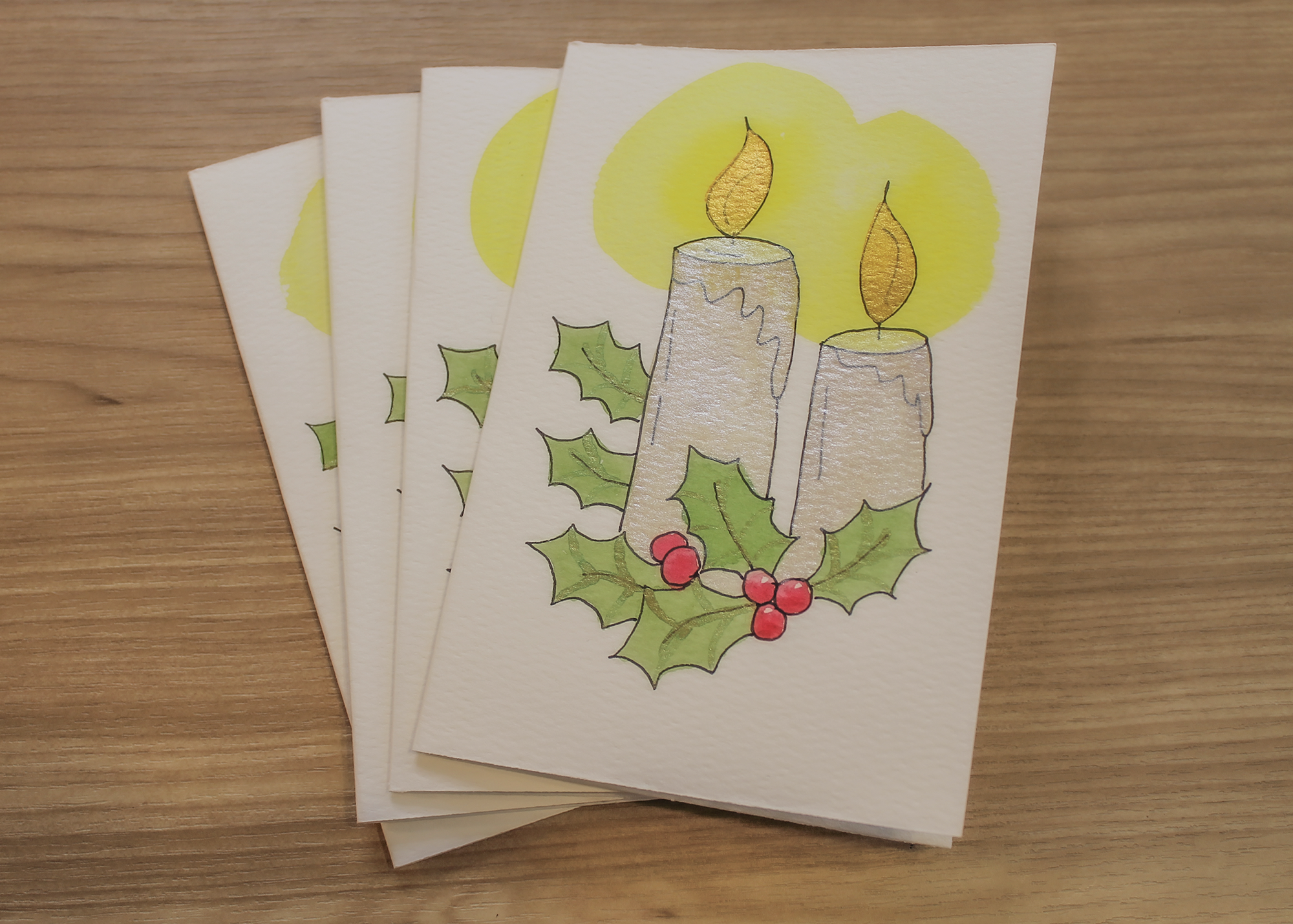 Hand-Painted Christmas Card Set – Watercolor Holiday Candles With Holly, Set of 4 Originals with Envelopes