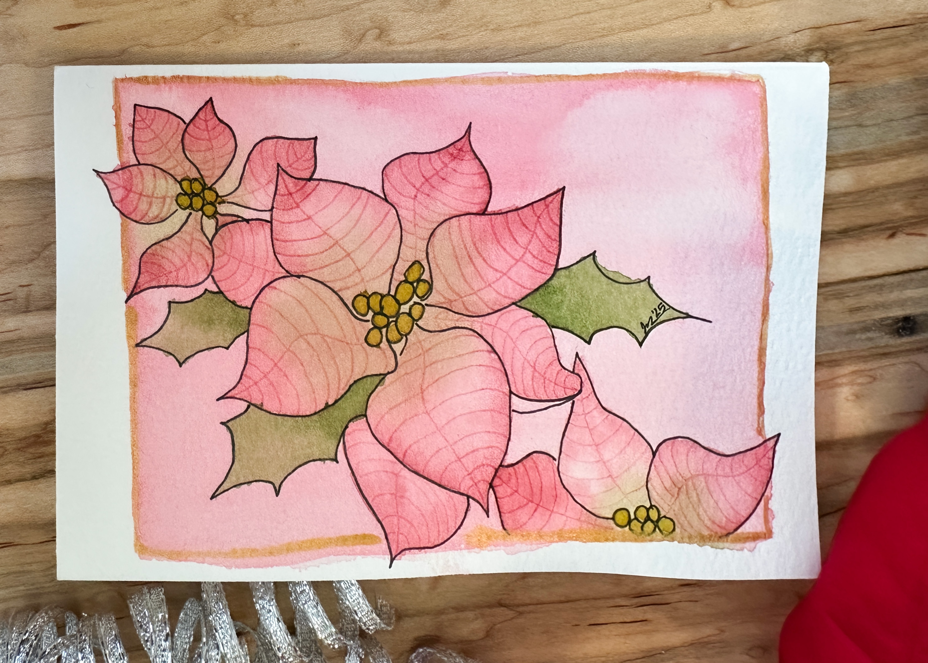 Hand-Painted Christmas Card Set – Watercolor Pink Poinsettias with Holly Accents, Set of 4 Originals with Envelopes