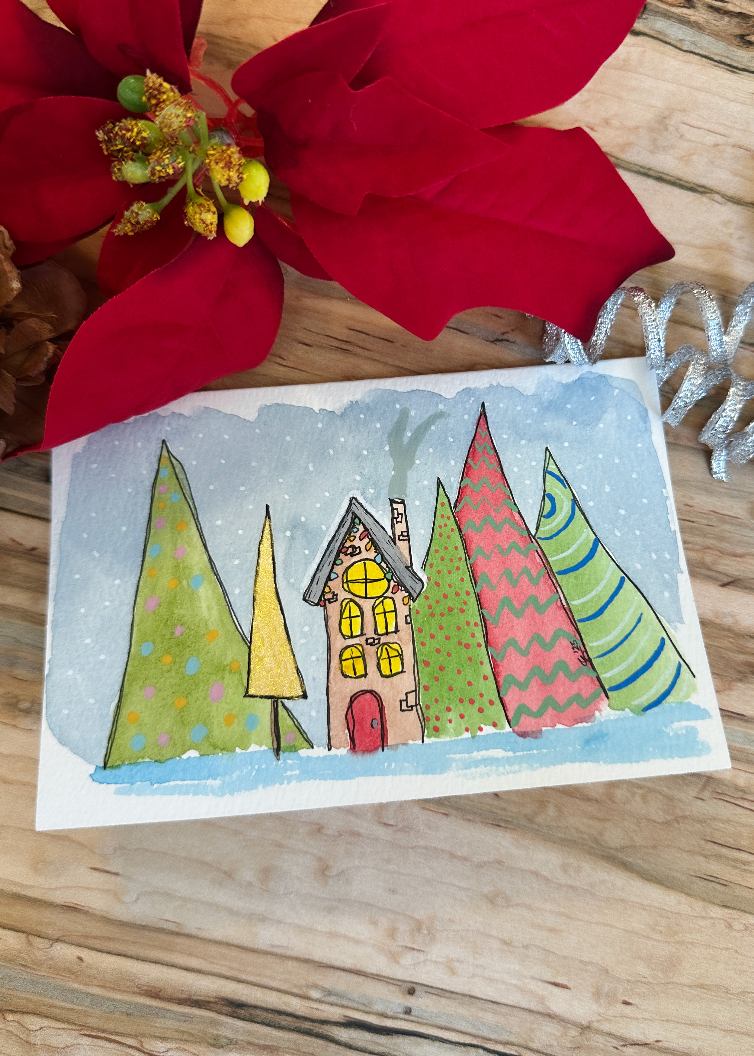 Hand-Painted Christmas Card Set - Whimsical Watercolor Holiday House and Trees, Set of 4 Originals with Envelopes