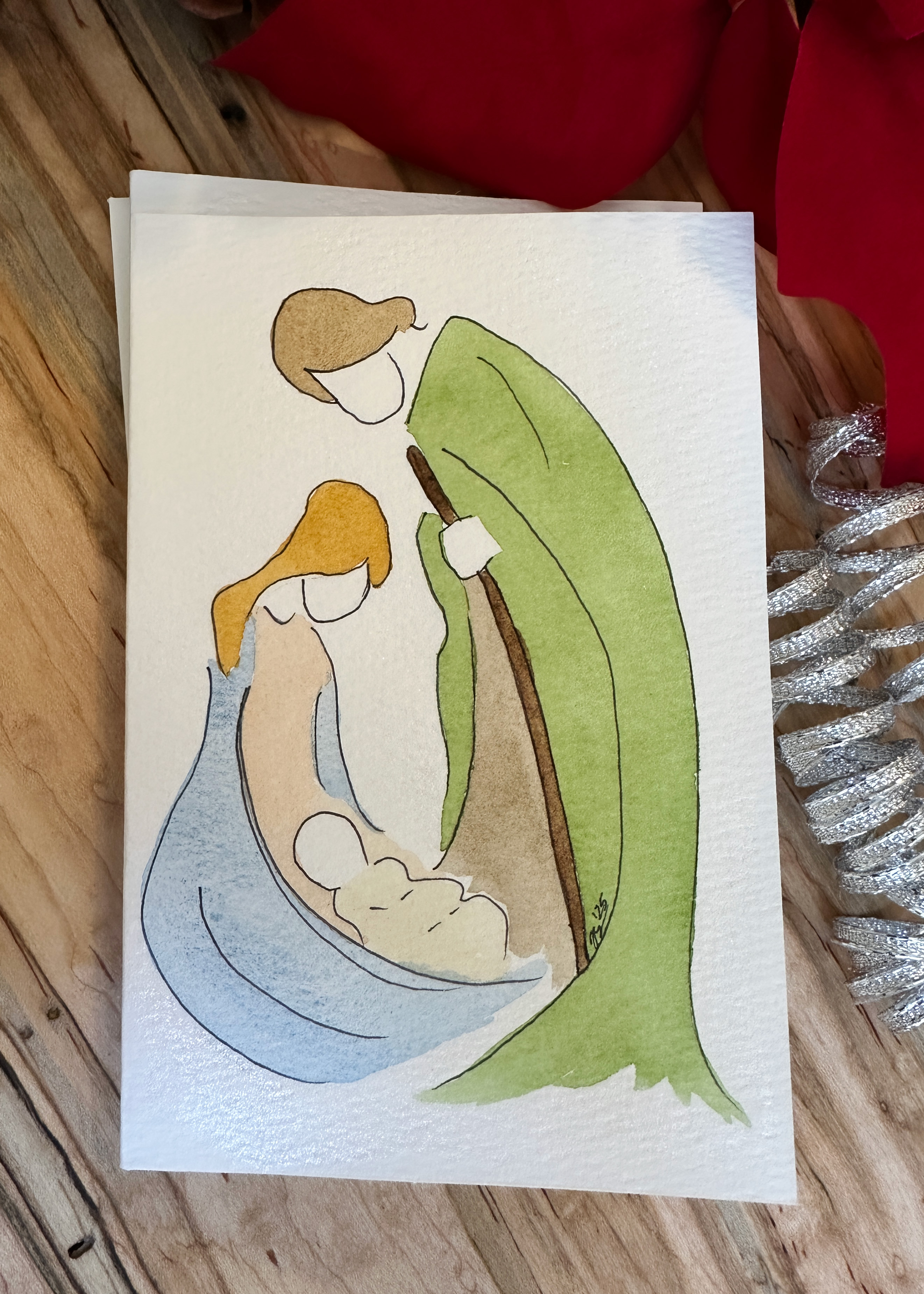 Hand-Painted Christmas Card Set - Watercolor Nativity Scene with Mary, Joseph, and Baby Jesus, Set of 4 Originals with Envelopes
