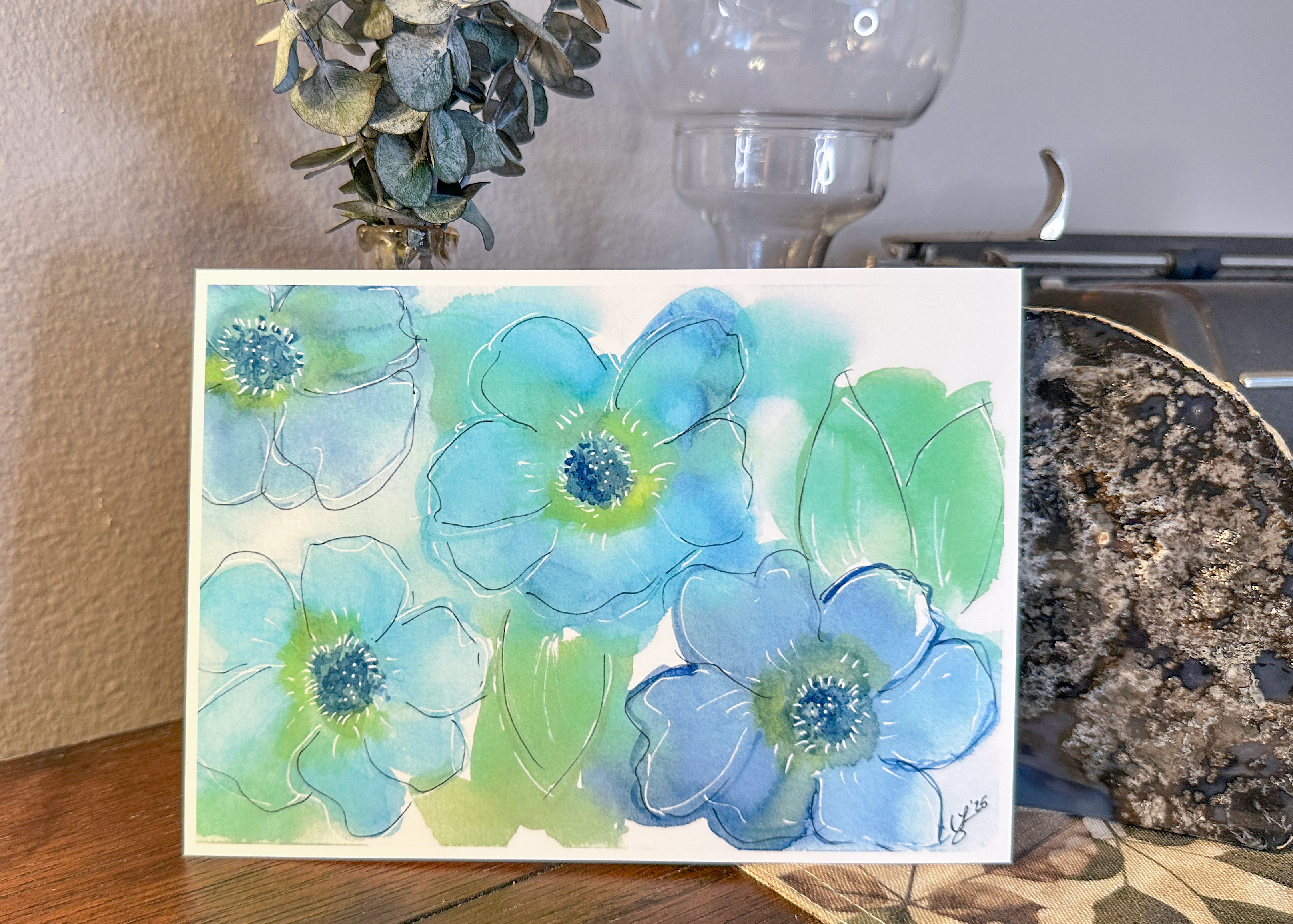 Blue Floral Watercolor Print - Loose Botanical Art for Home Decor