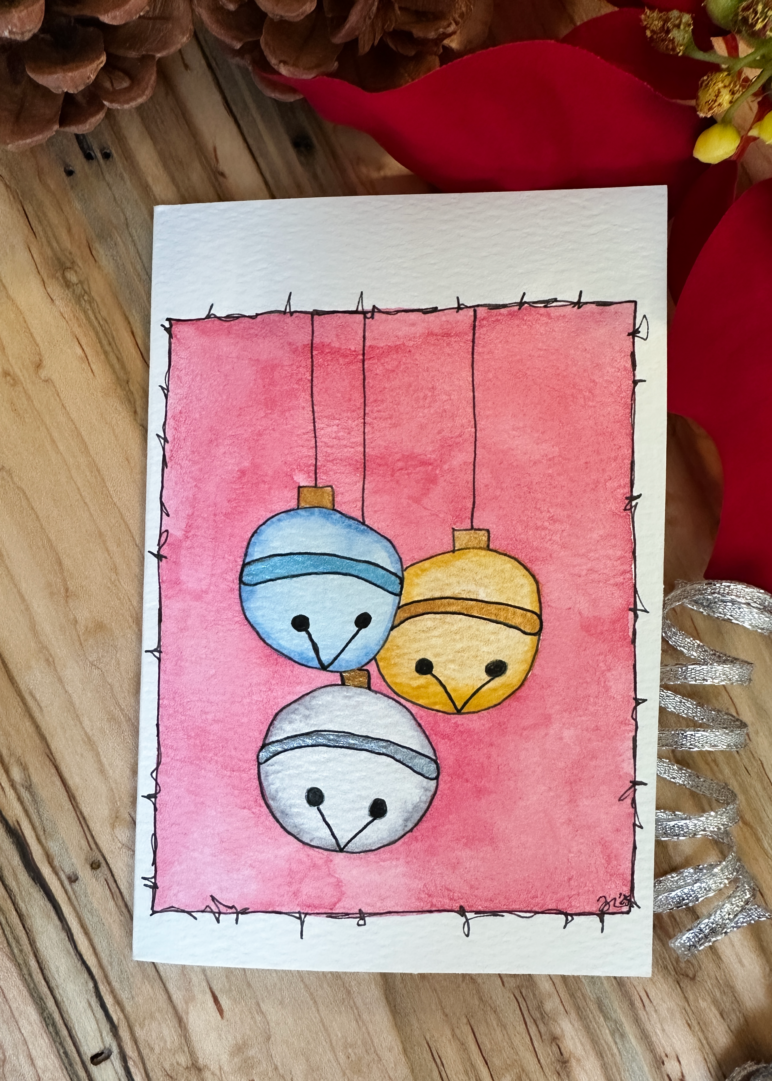 Hand-Painted Christmas Card Set - Watercolor Jingle Bells Design, Set of 4 Originals with Envelopes