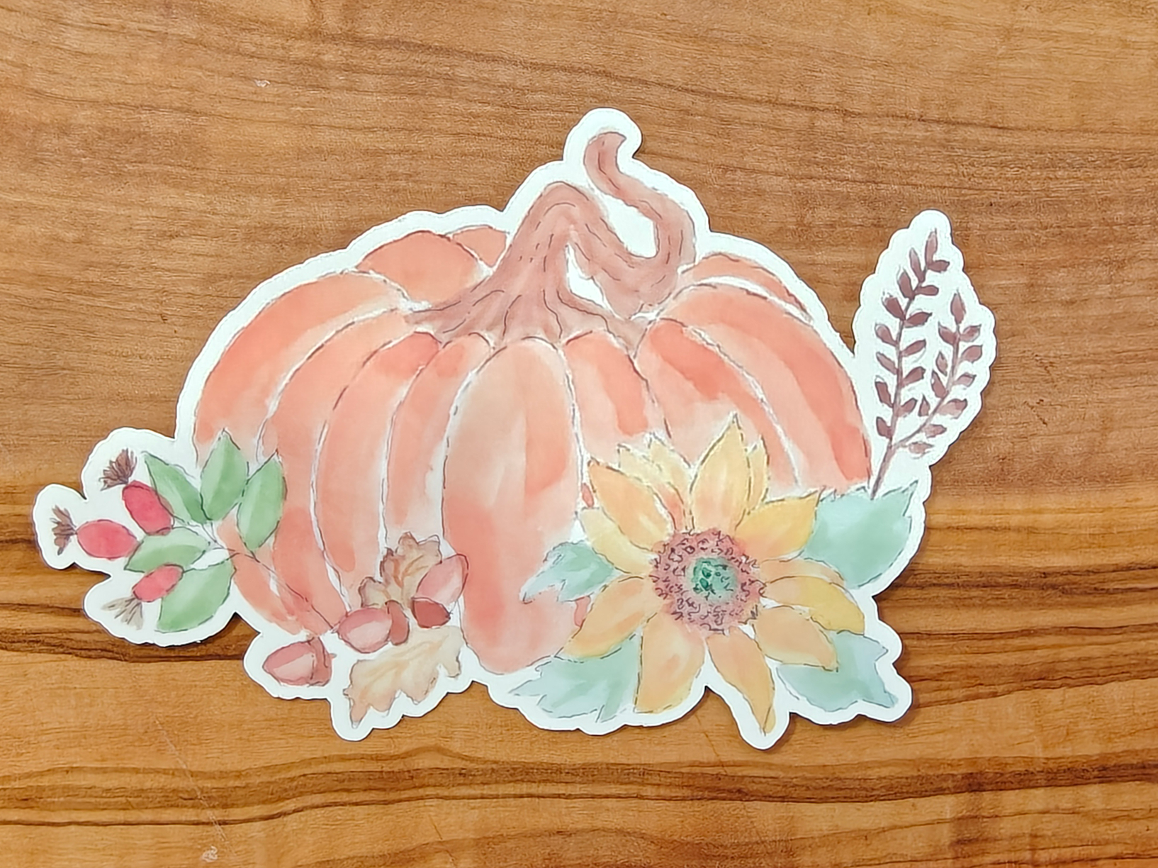 Pumpkin Floral Sticker | Watercolor Pumpkin with Sunflower, Rose Hips, Acorns, and Leaves | 2", 2.5", or 3" Vinyl Waterproof Sticker